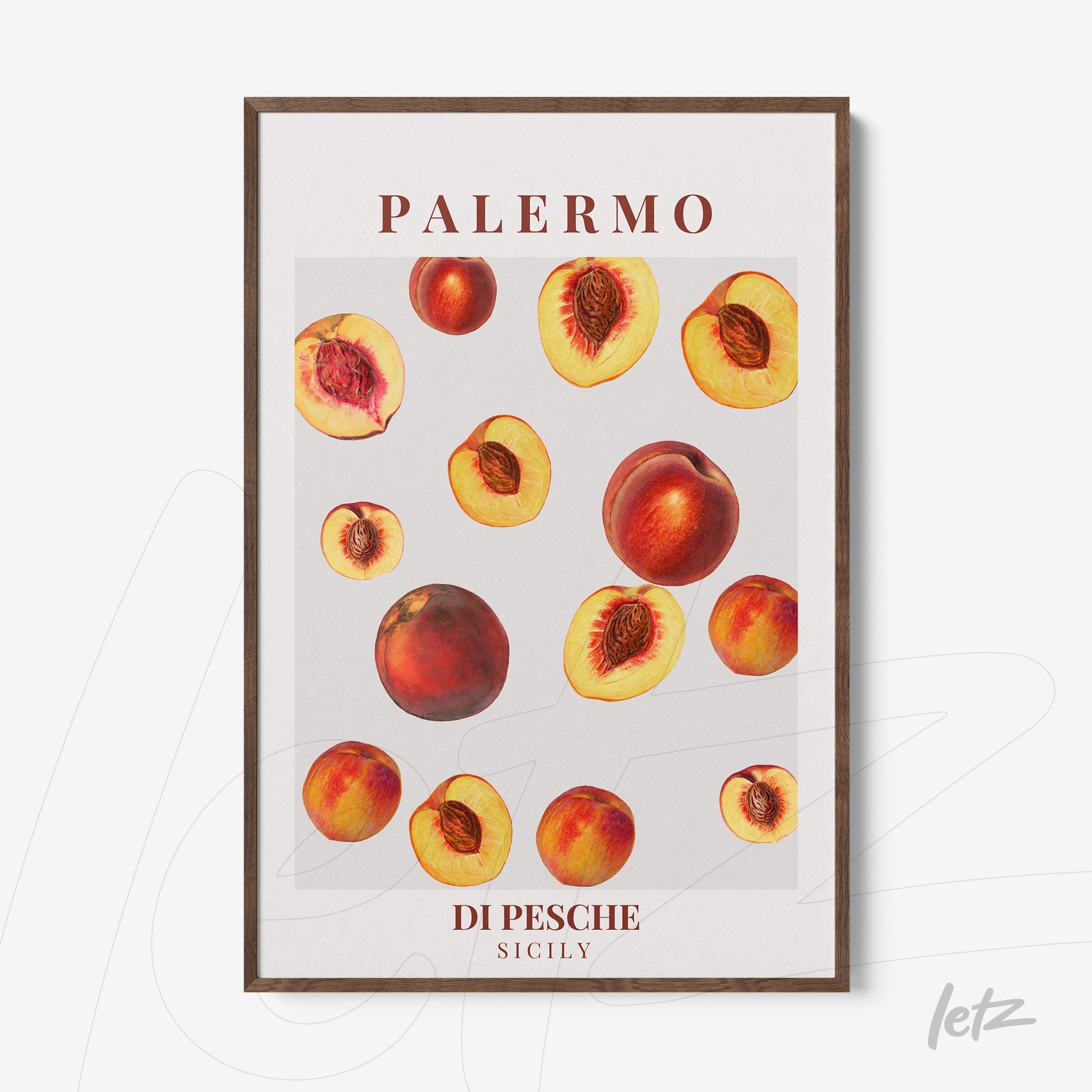 framed art print featuring artistic illustration of peaches on a light background with dark wood frame