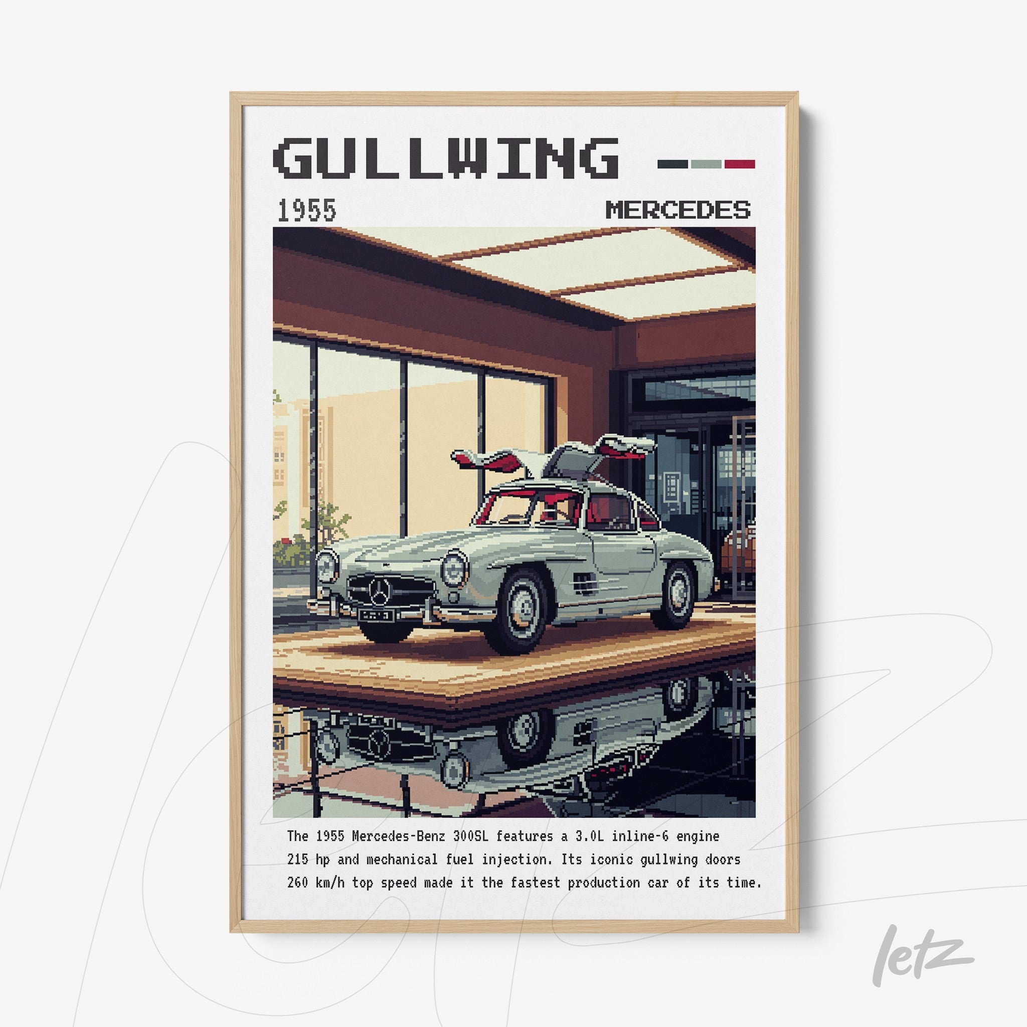 framed digital art of a 1955 mercedes-benz 300sl gullwing with visible reflection on wooden floor