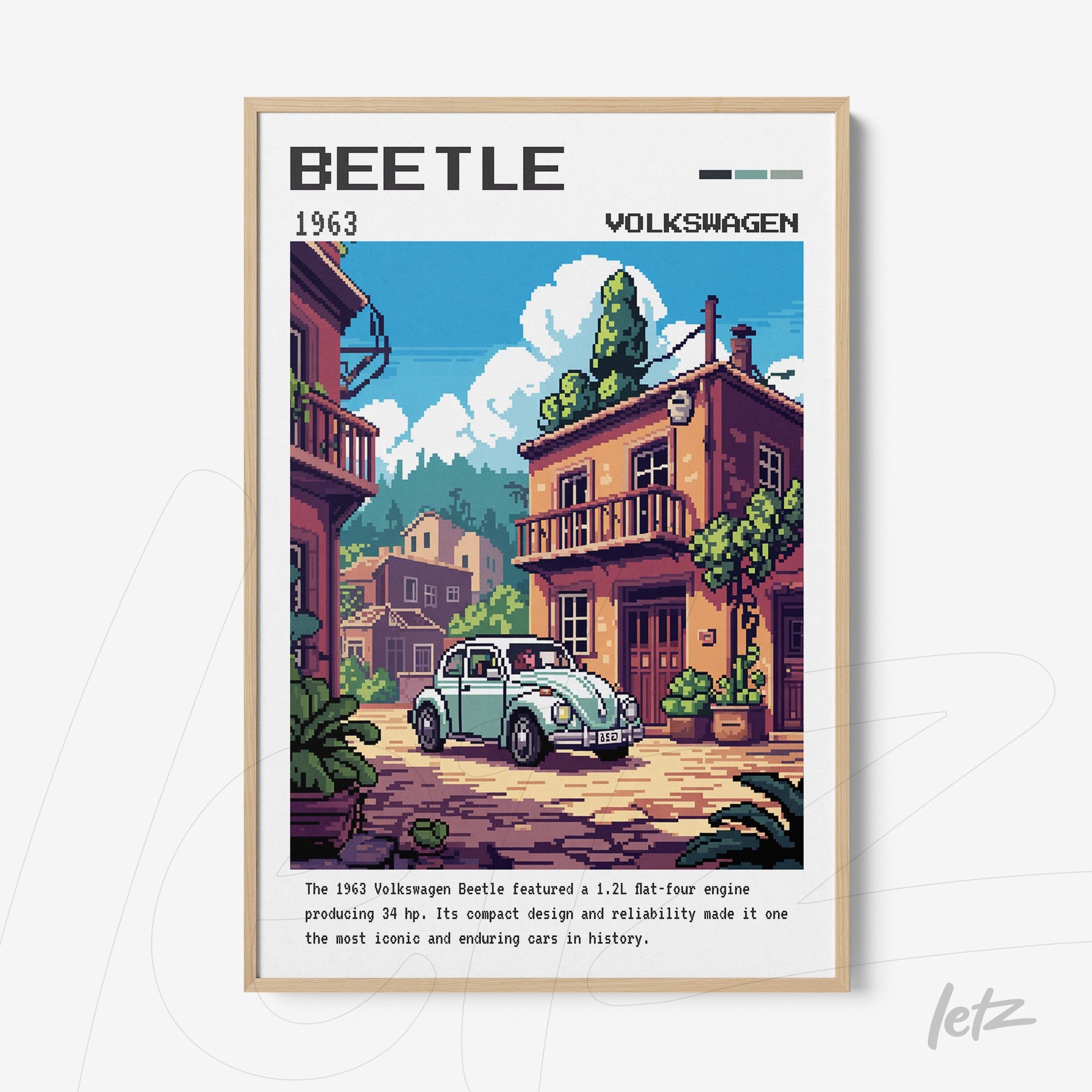 pixel art of a 1963 Volkswagen Beetle in an urban setting with a light wood frame