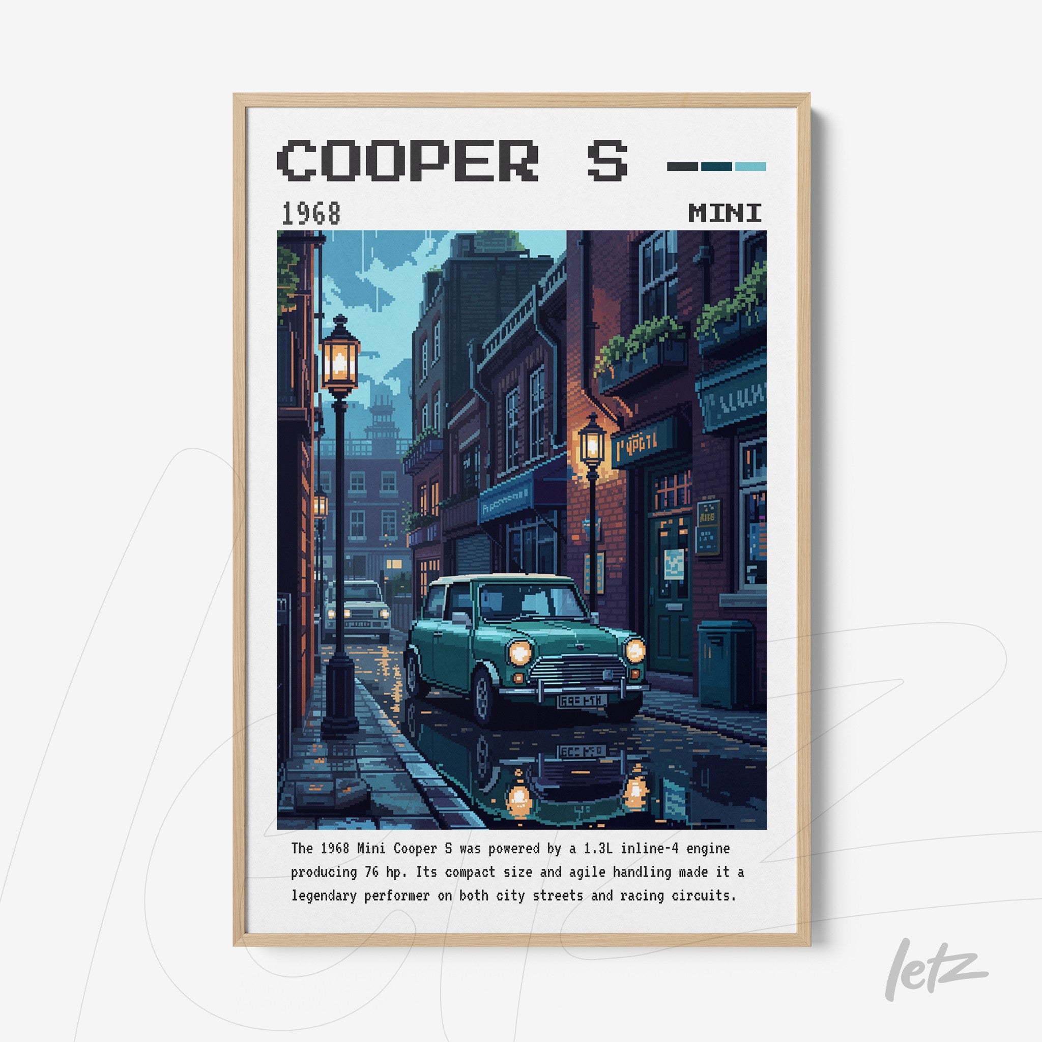 framed digital art depicting a 1960s Mini Cooper S parked on a cobblestone street illuminated by a streetlamp