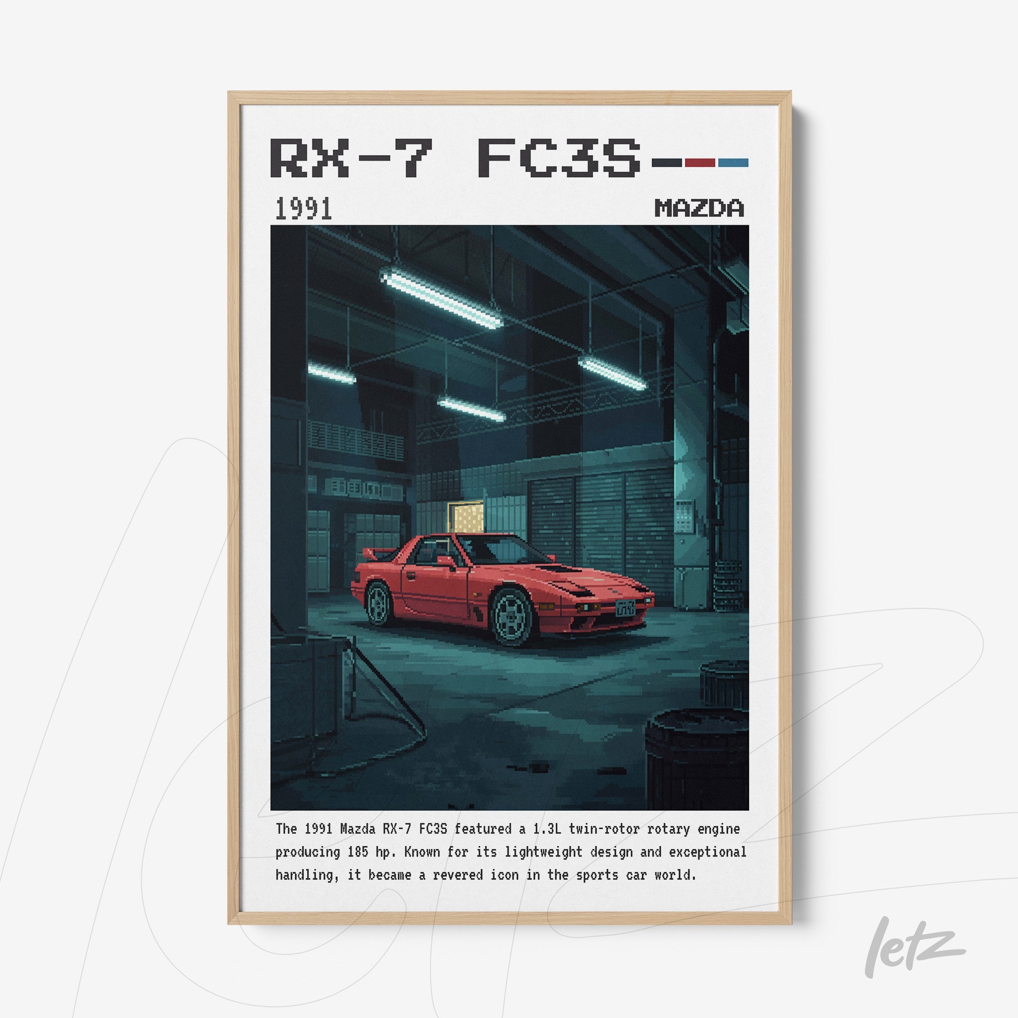 framed artwork of the 1991 Mazda RX-7 FC3S sports car in a garage setting