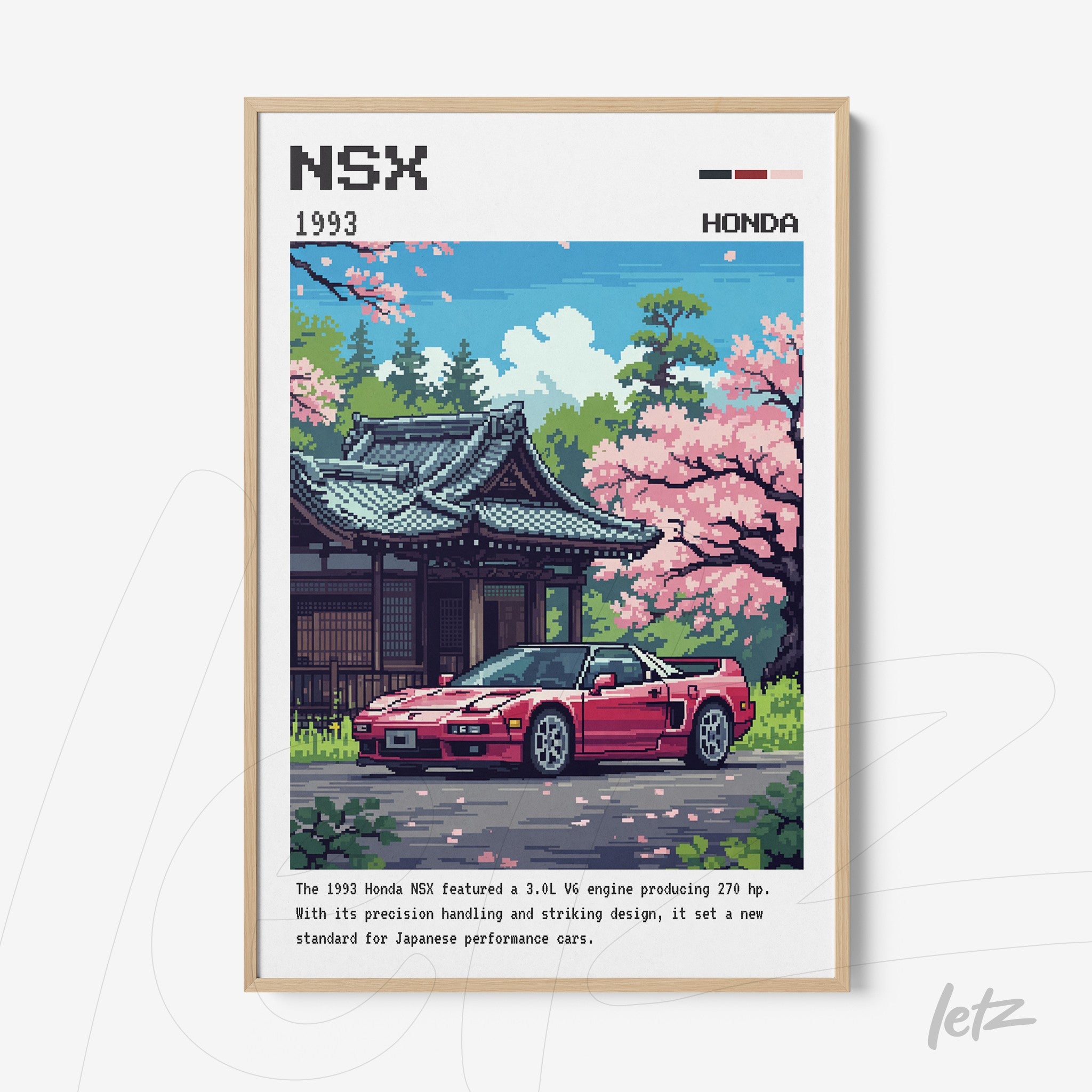 pixel art of a 1993 Honda NSX in front of a Japanese temple surrounded by cherry blossom trees