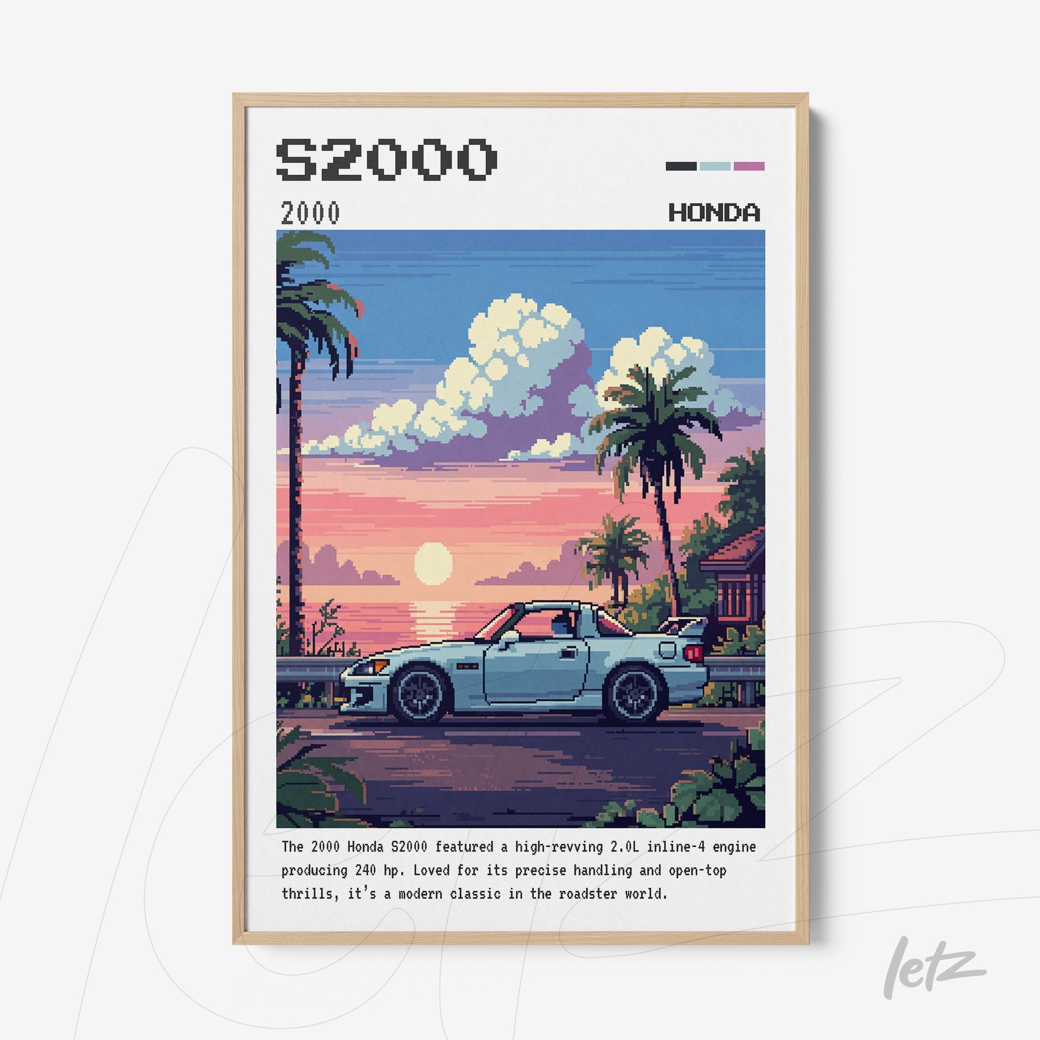 pixel art framed print featuring a Honda S2000 sports car in front of a vibrant sunset with palm trees, light wood frame