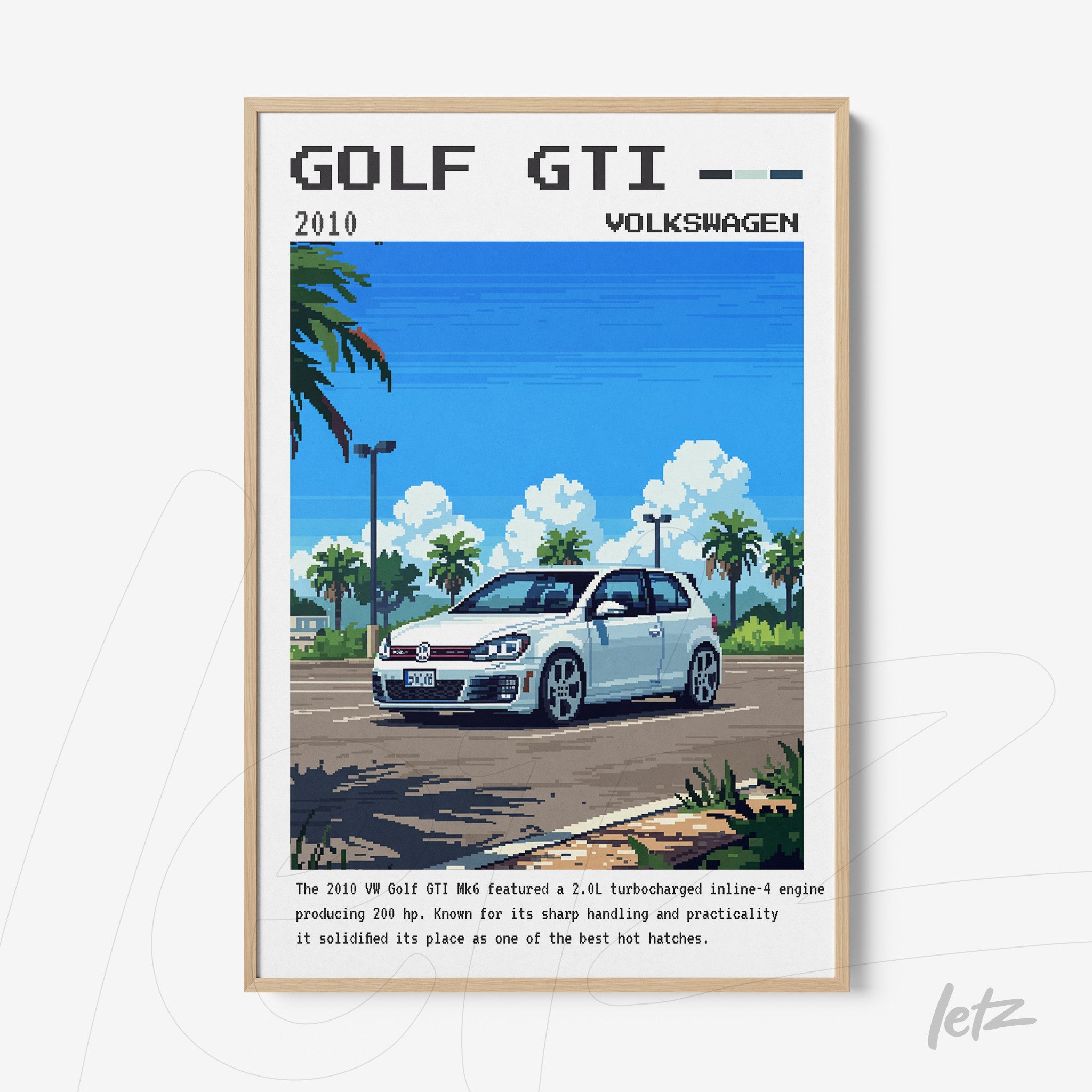 pixel art of Volkswagen Golf GTI framed in light wood against a white background