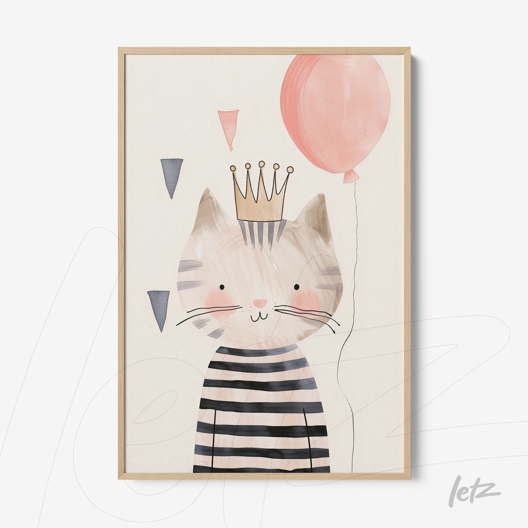 framed children's wall art of a striped cat wearing a crown and holding a pink balloon