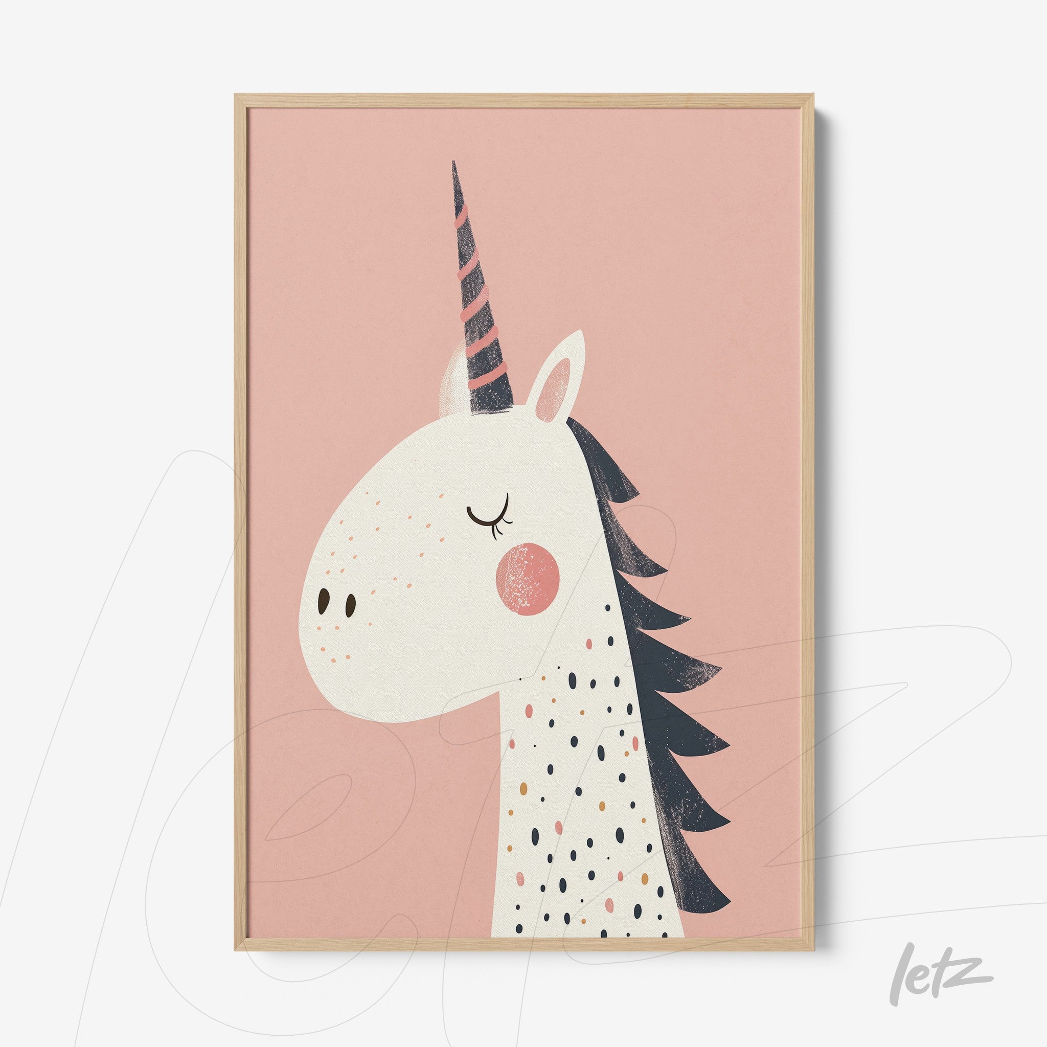 framed art featuring a unicorn illustration on a pink background with light wood frame