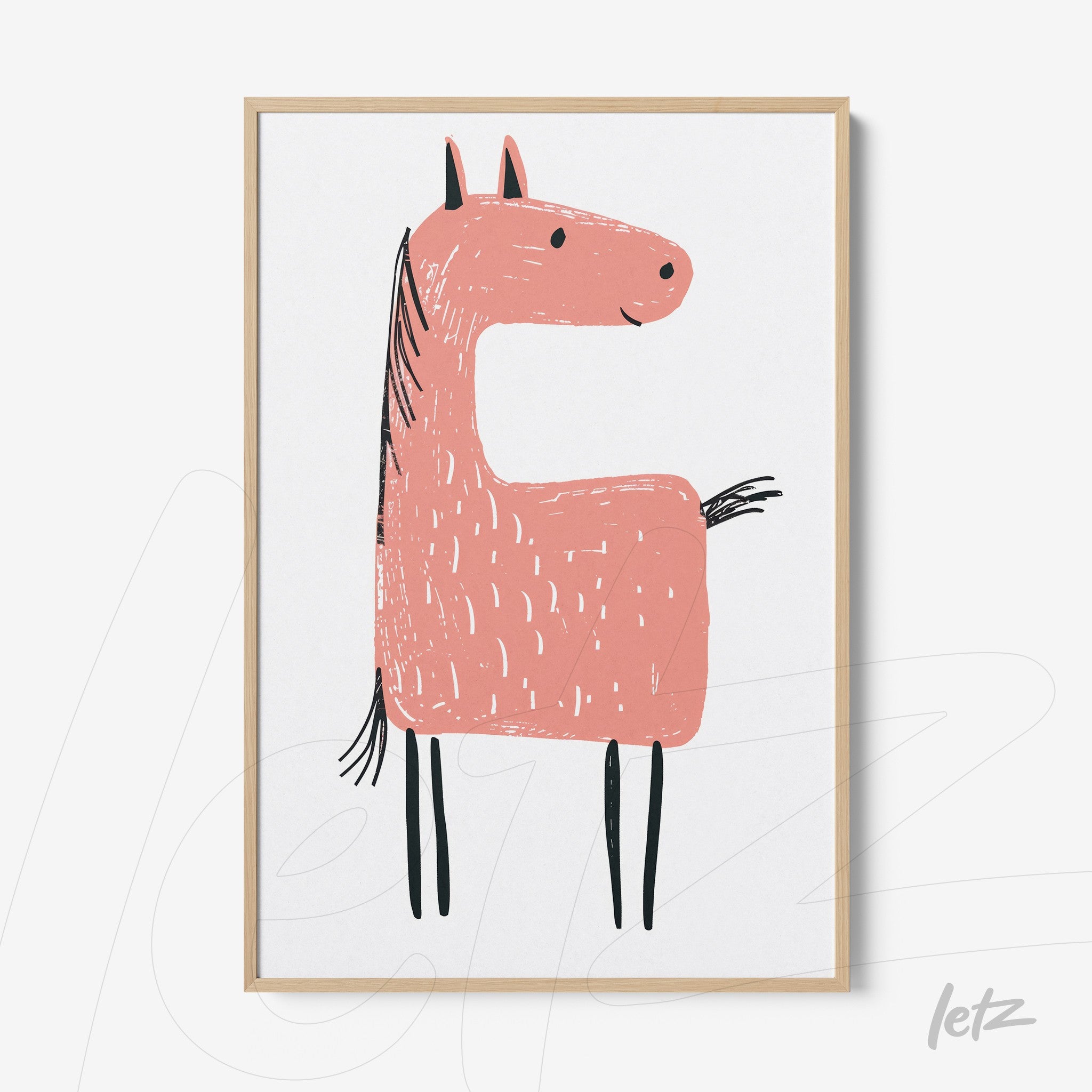 framed art featuring a simplistic pink horse illustration with light wood frame