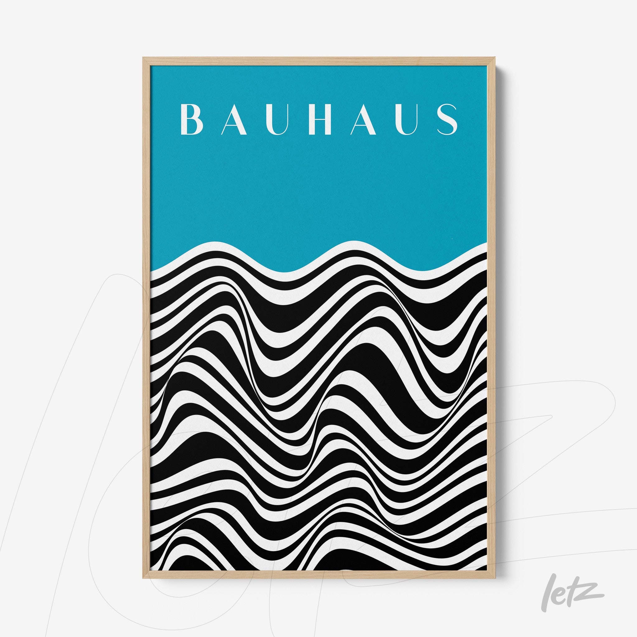 framed art with black and white wavy pattern on blue background in light wood frame