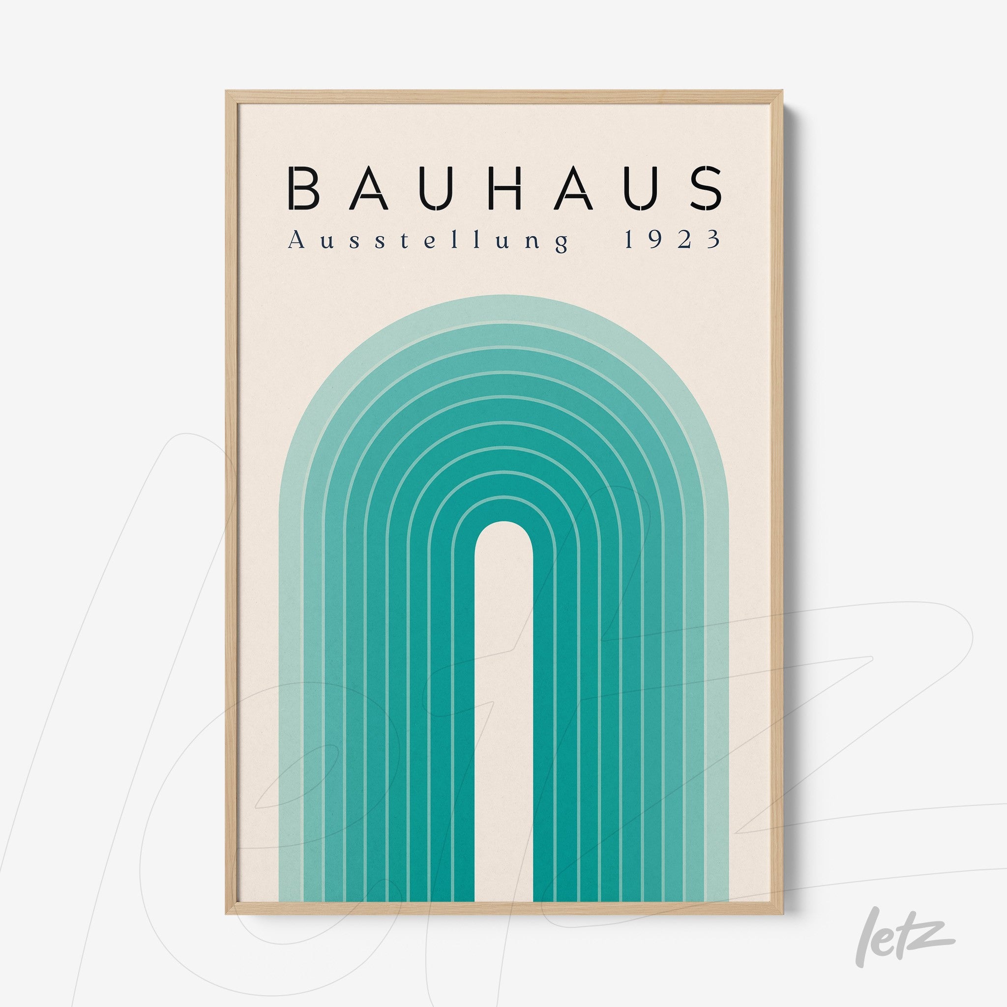 poster featuring an illustration of concentric arches in blue and green hues, framed in light wood