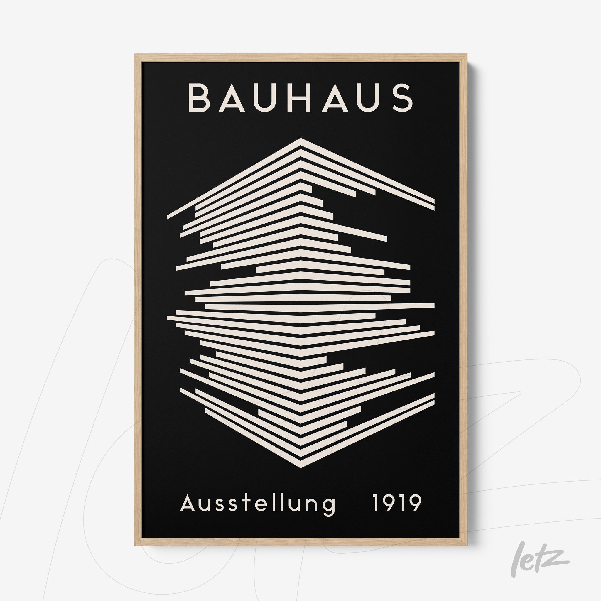 poster print with geometric bauhaus design in light wood frame