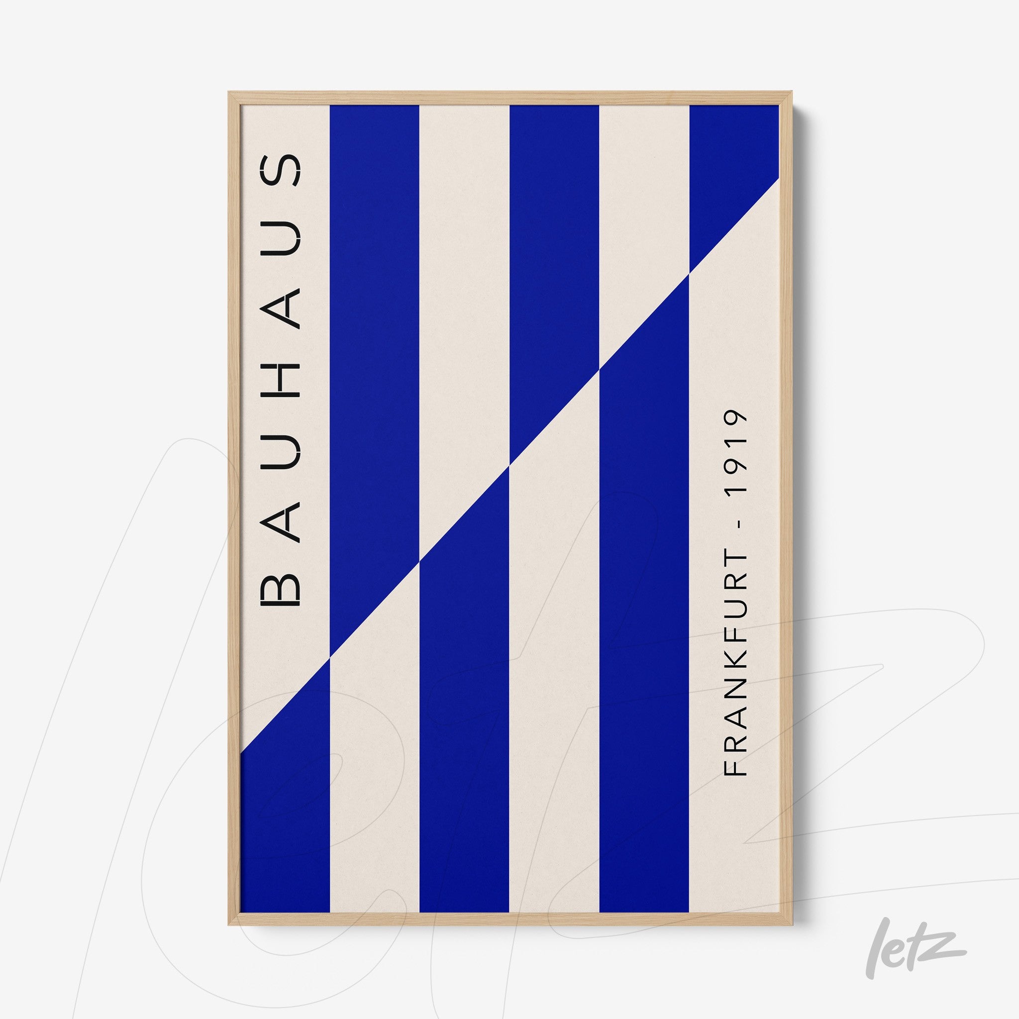 bauhaus style poster print featuring blue stripes and vertical text in a light frame