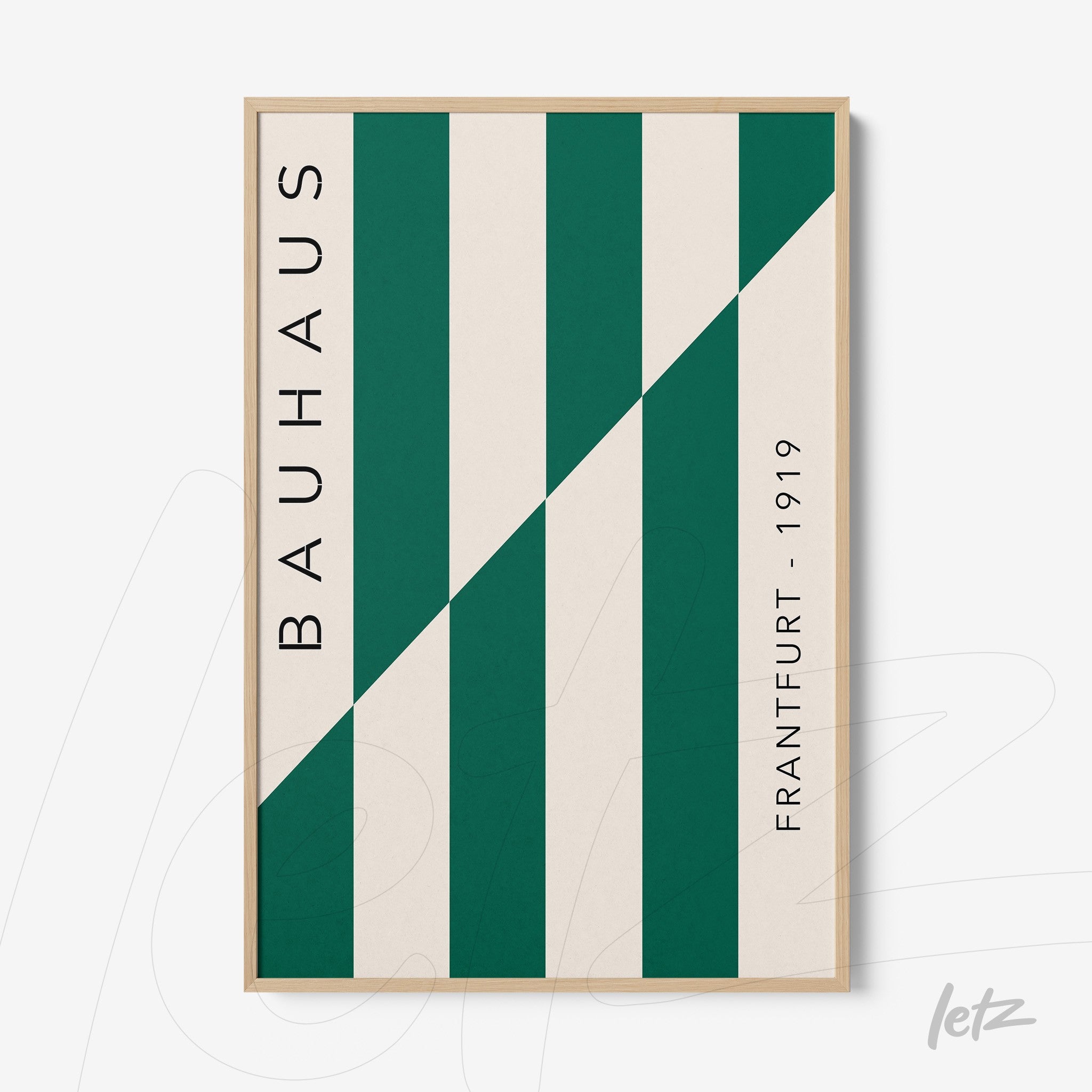 poster print featuring geometric design in green and white with light frame, vertical text 'Bauhaus' and 'Frankfurt - 1919'