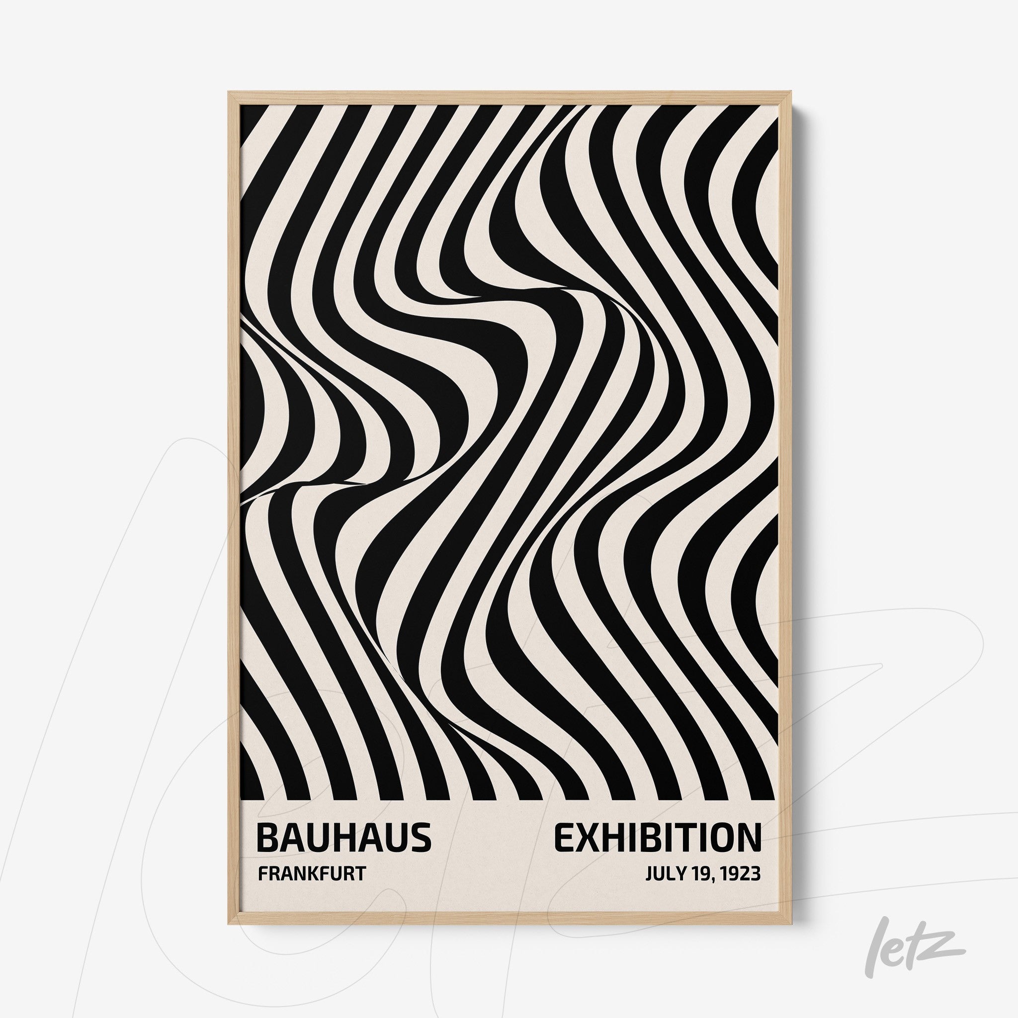 poster print of abstract wavy black and white lines in a light frame