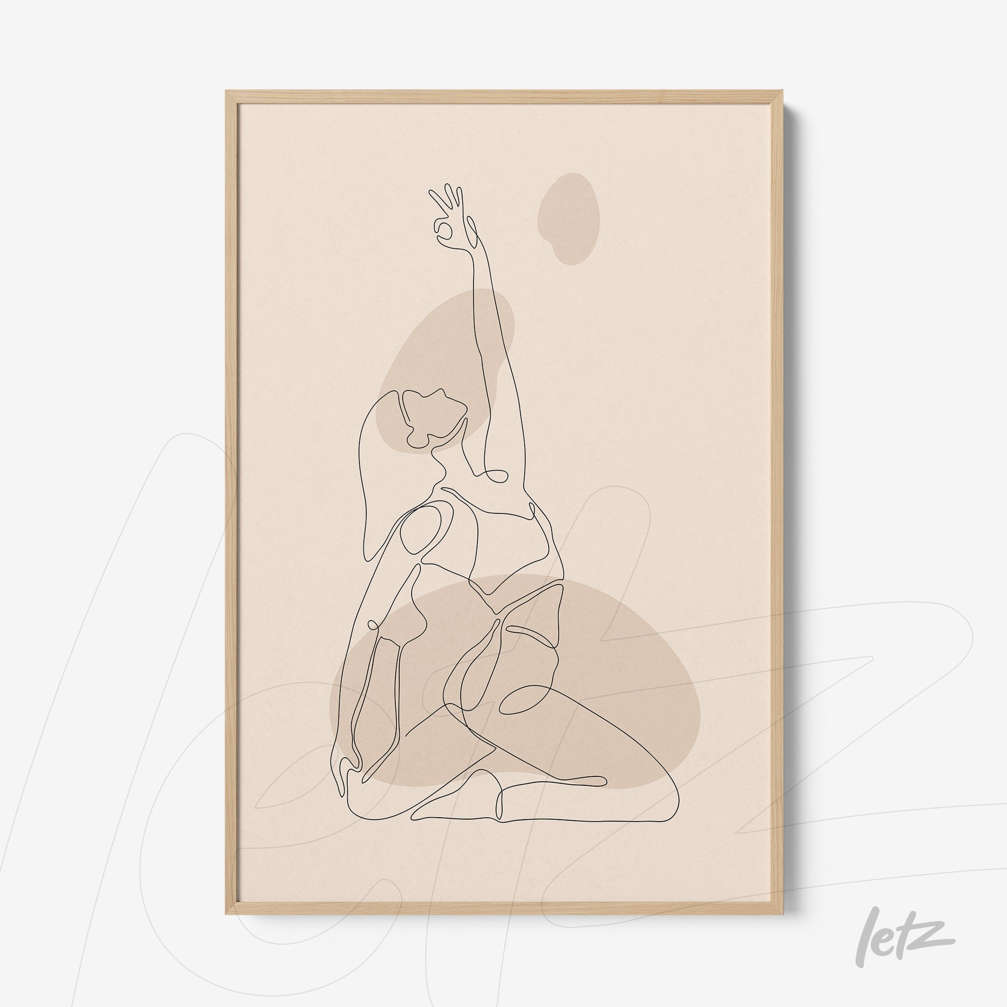 continuous line art of a human figure in a yoga pose with a light wood frame