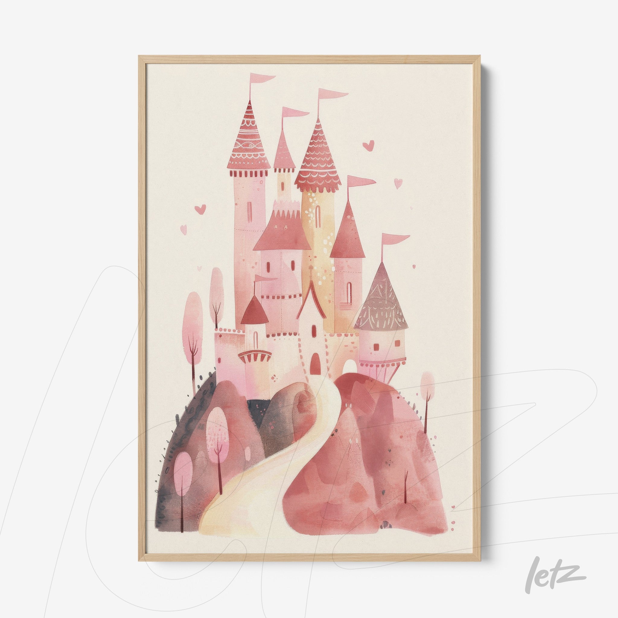 framed print featuring a pink castle illustration in a dreamy setting with trees and hearts