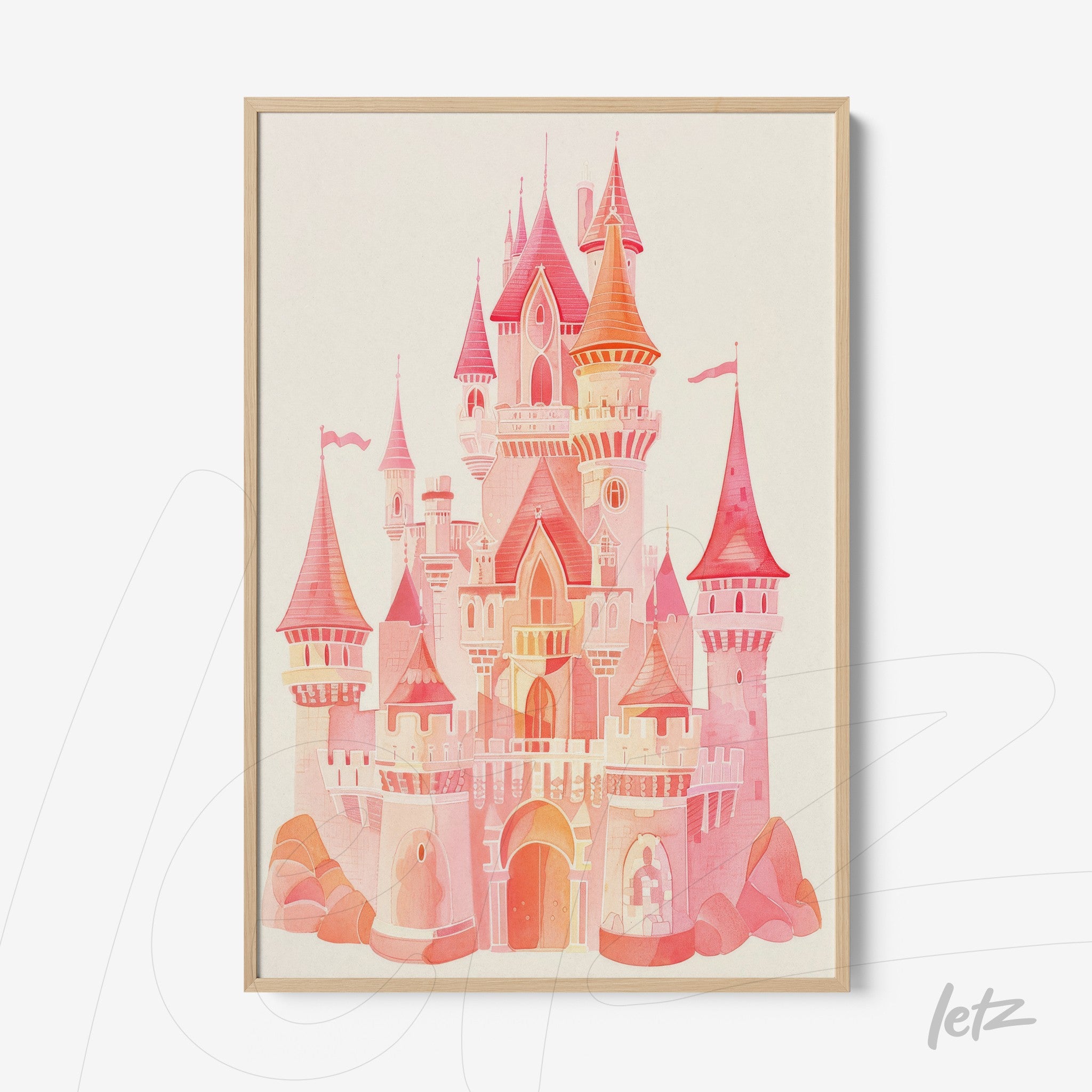 framed artwork of a pink castle illustration with light wood frame
