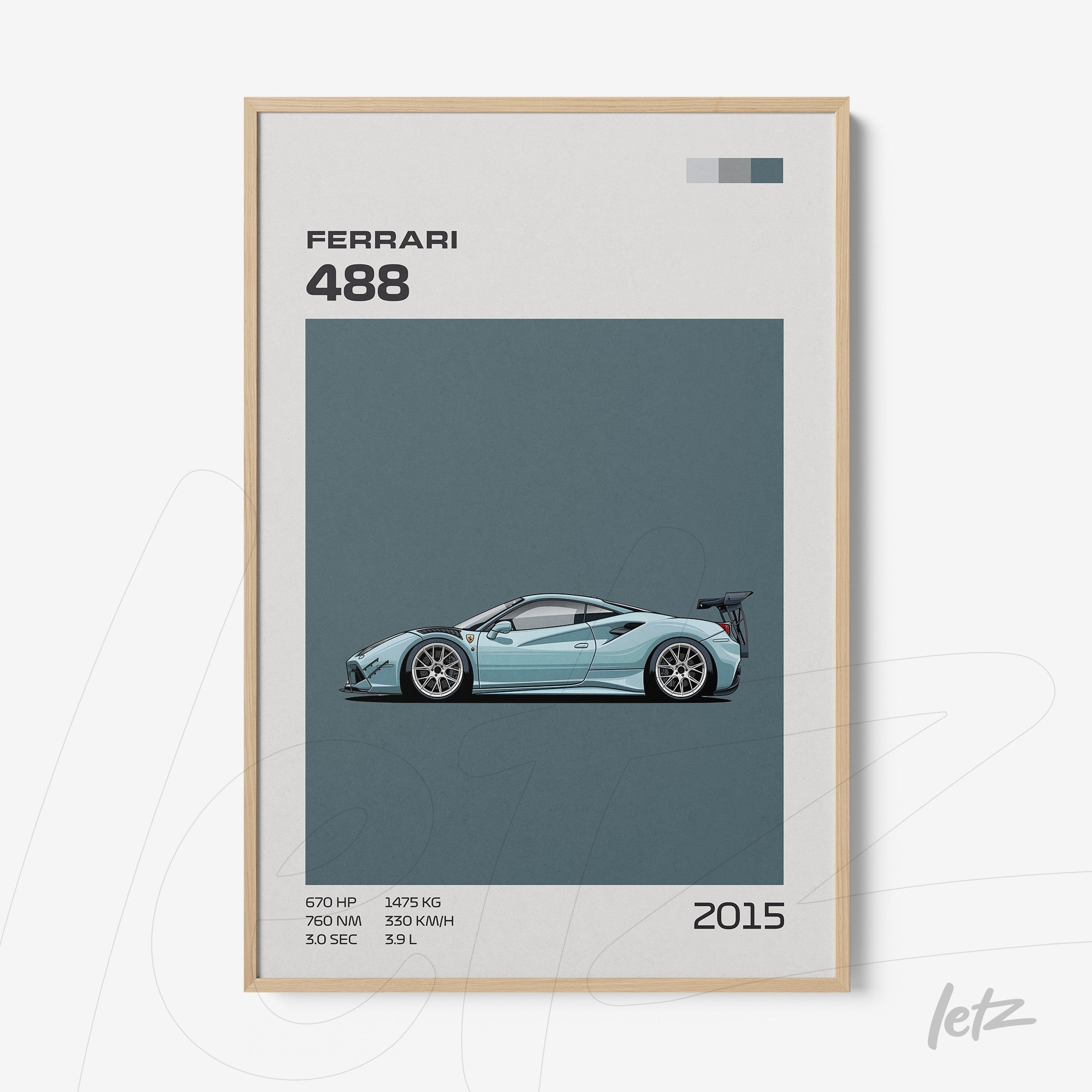 framed art featuring a stylized illustration of the Ferrari 488 against a gray background, light frame with blue accents