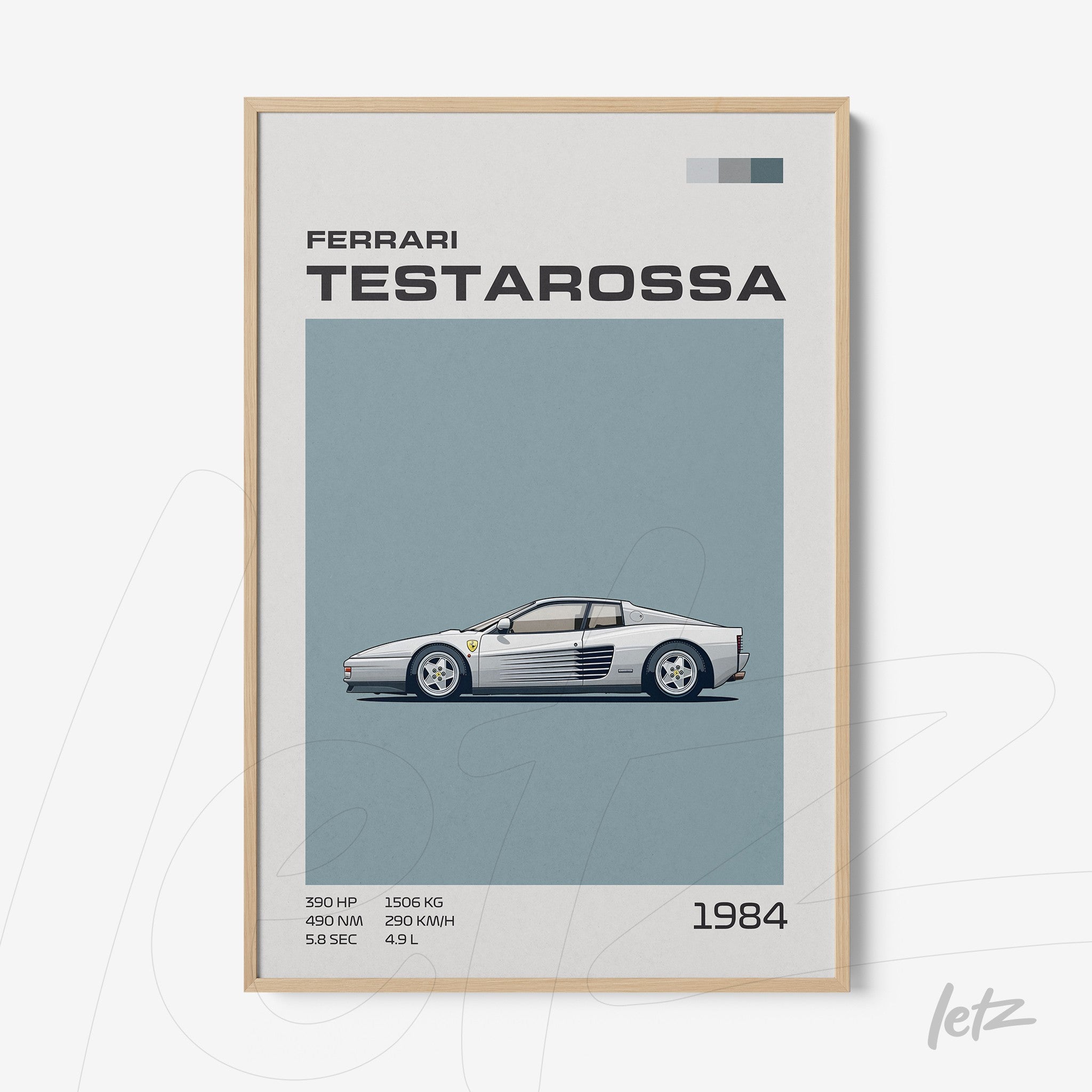 framed wall art featuring a stylized illustration of Ferrari Testarossa with light wood frame and blue background