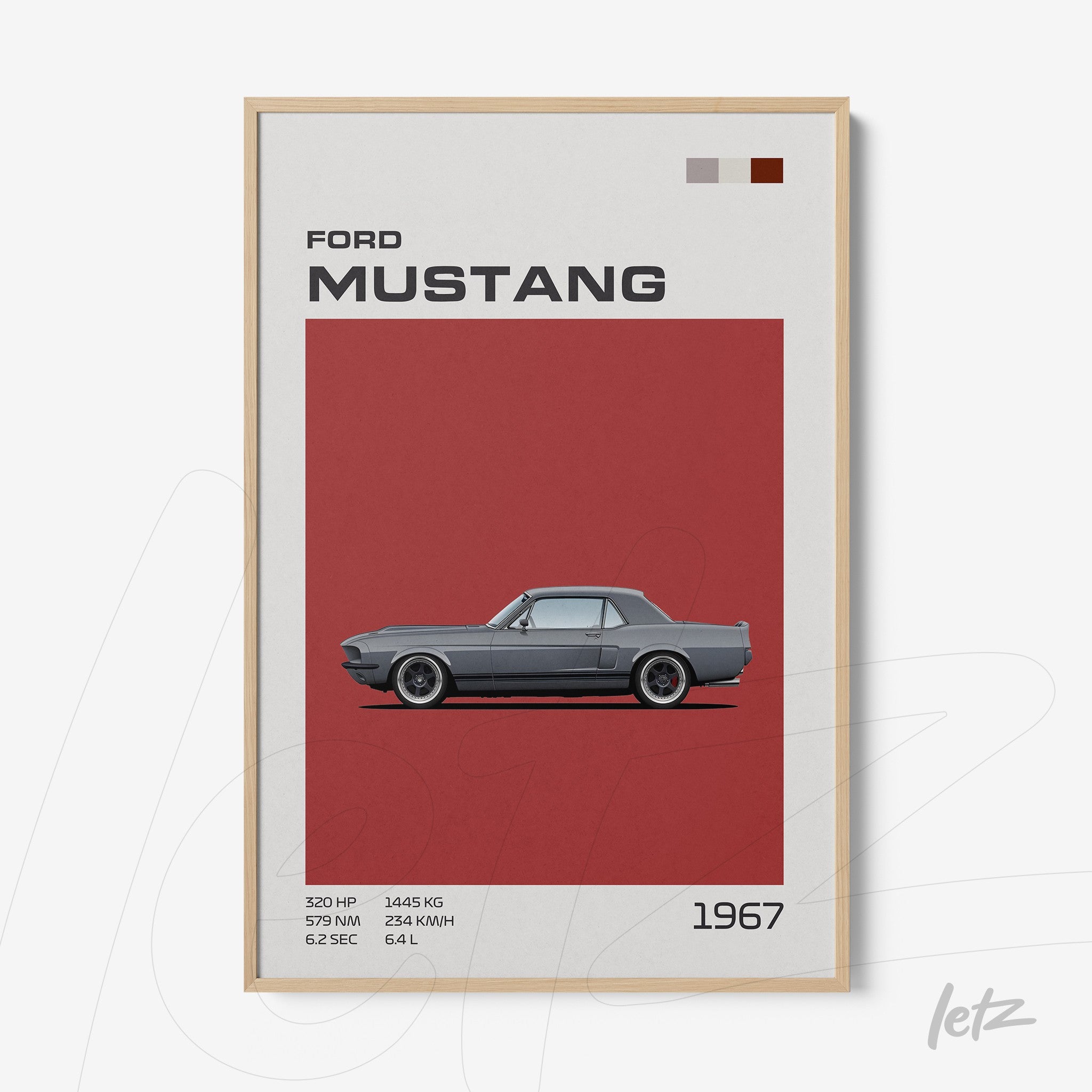 framed wall art of a 1967 Ford Mustang with a light wood frame and red background
