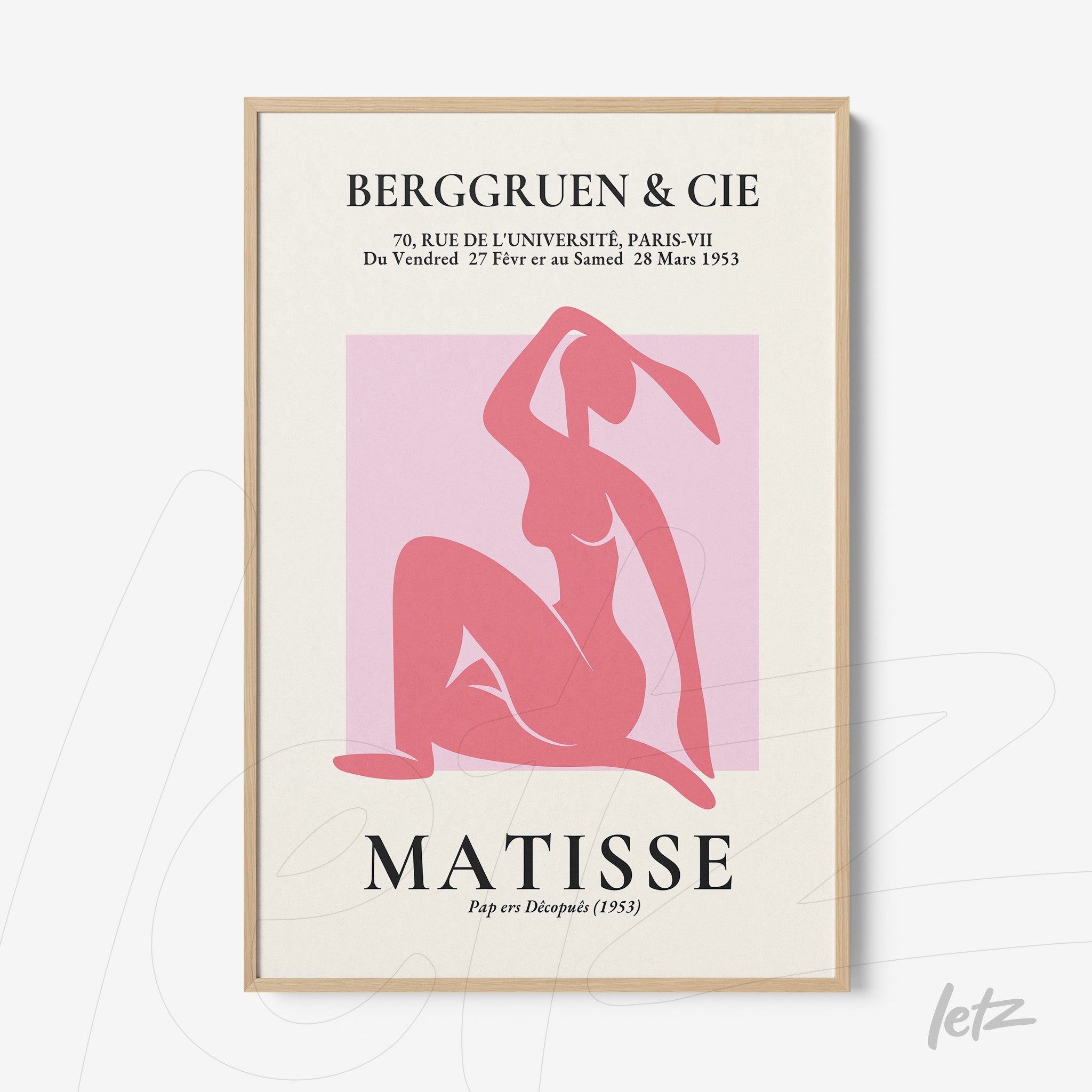 framed modern art featuring a pink silhouette of a female figure with a light frame and neutral background, inspired by Matisse