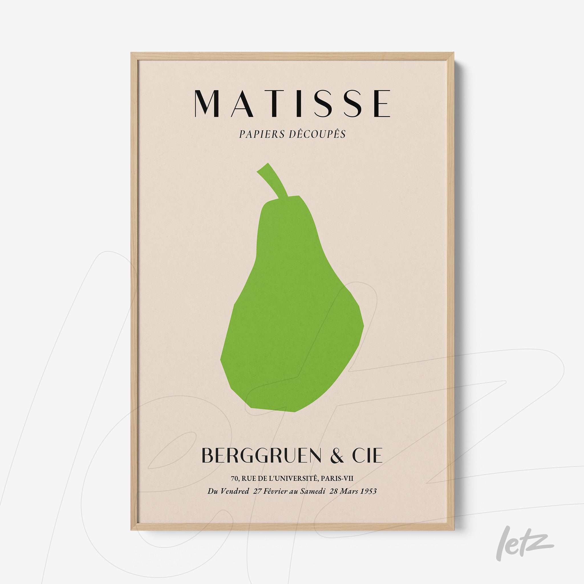 framed wall art featuring abstract green pear design on neutral background with light wood frame