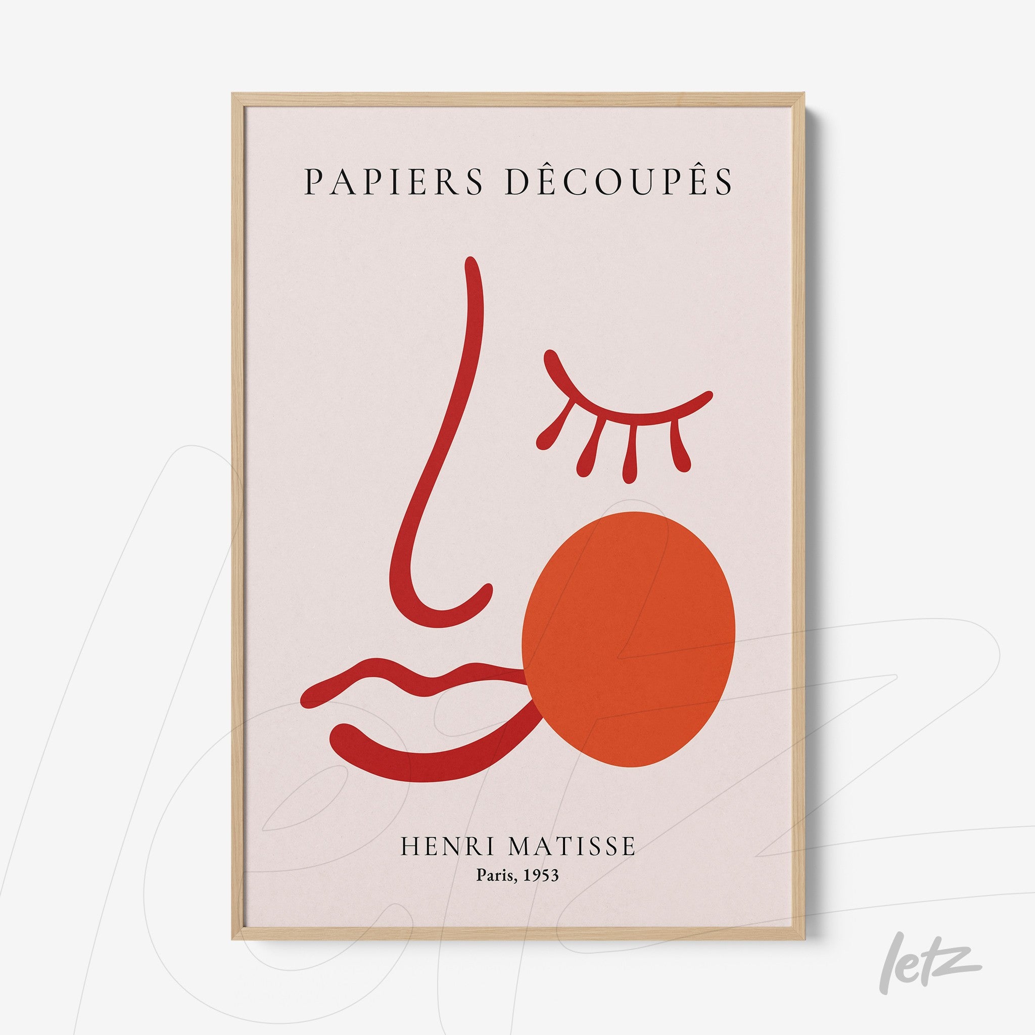 framed wall art featuring modern Matisse design with geometric shapes and vibrant colors in light wooden frame