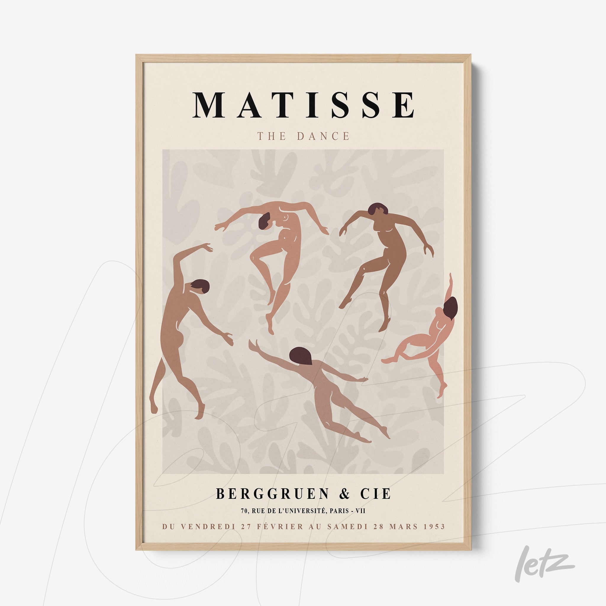 framed modern art print of dancing figures in terracotta tones on light background with light wood frame