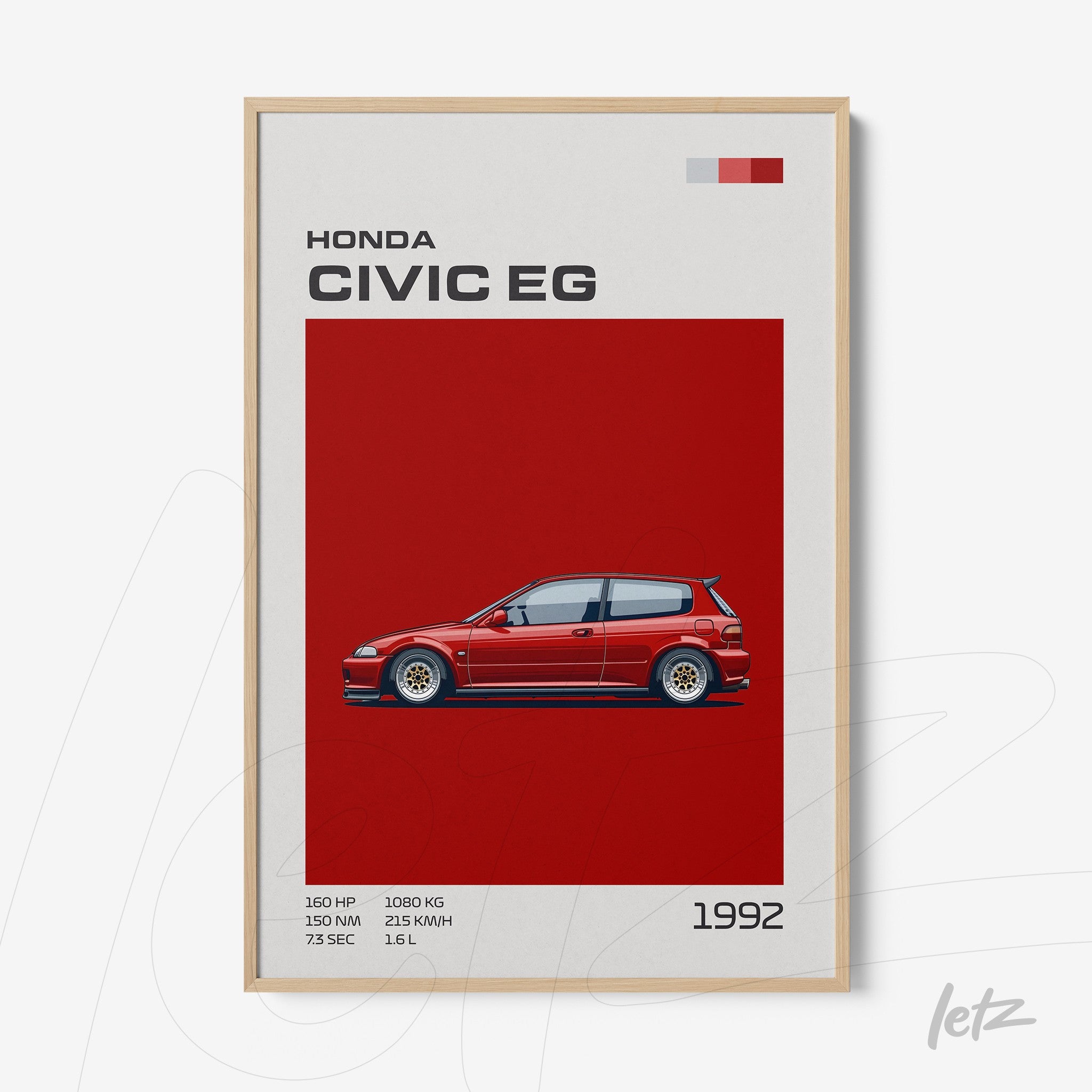 framed wall art featuring an illustration of Honda Civic EG with light wood frame and red background