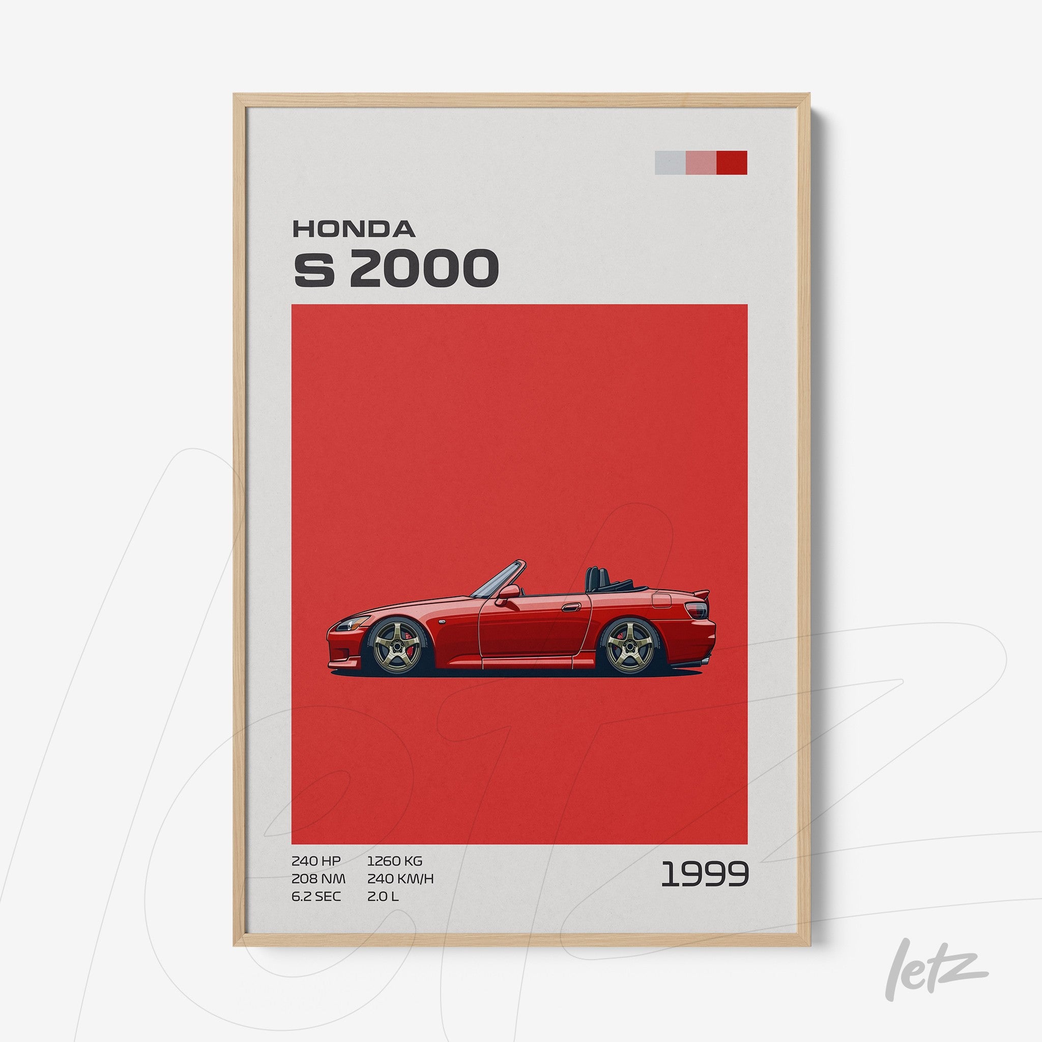 framed artwork featuring the Honda S2000 car illustration on a red background, showcasing technical specifications and the year 1999