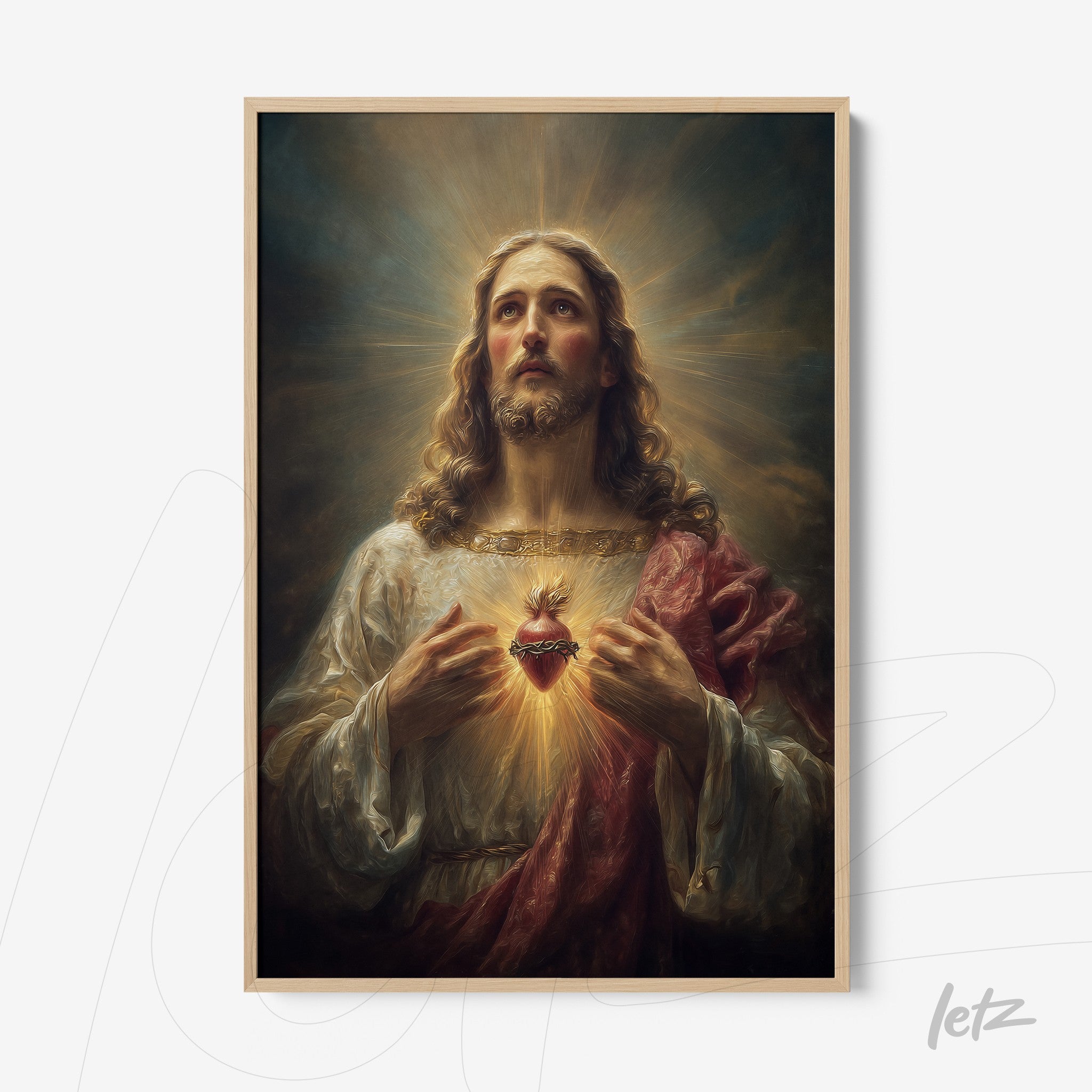 framed artwork depicting Jesus Christ with an illuminated heart surrounded by golden rays, dramatic background, and light wood frame