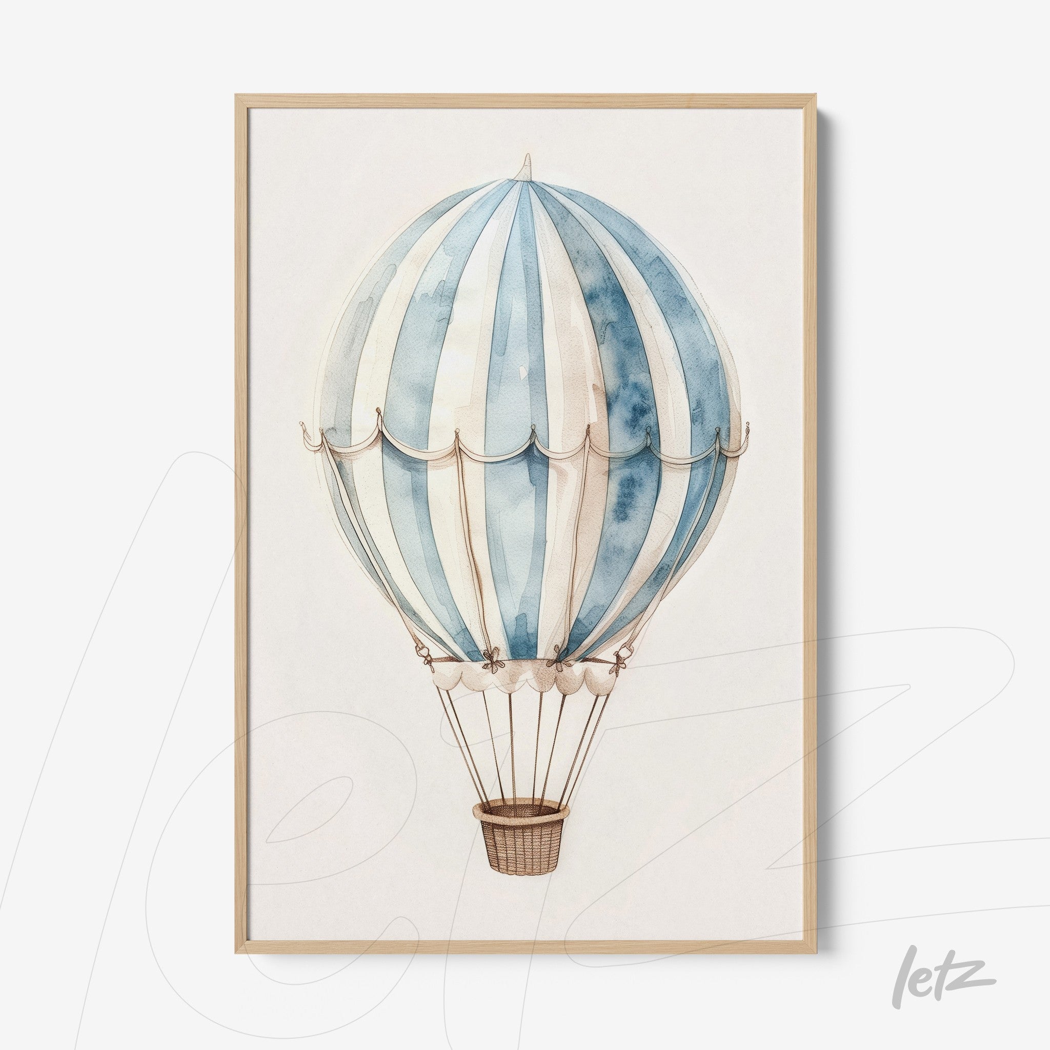 framed watercolor illustration of hot air balloon with light frame