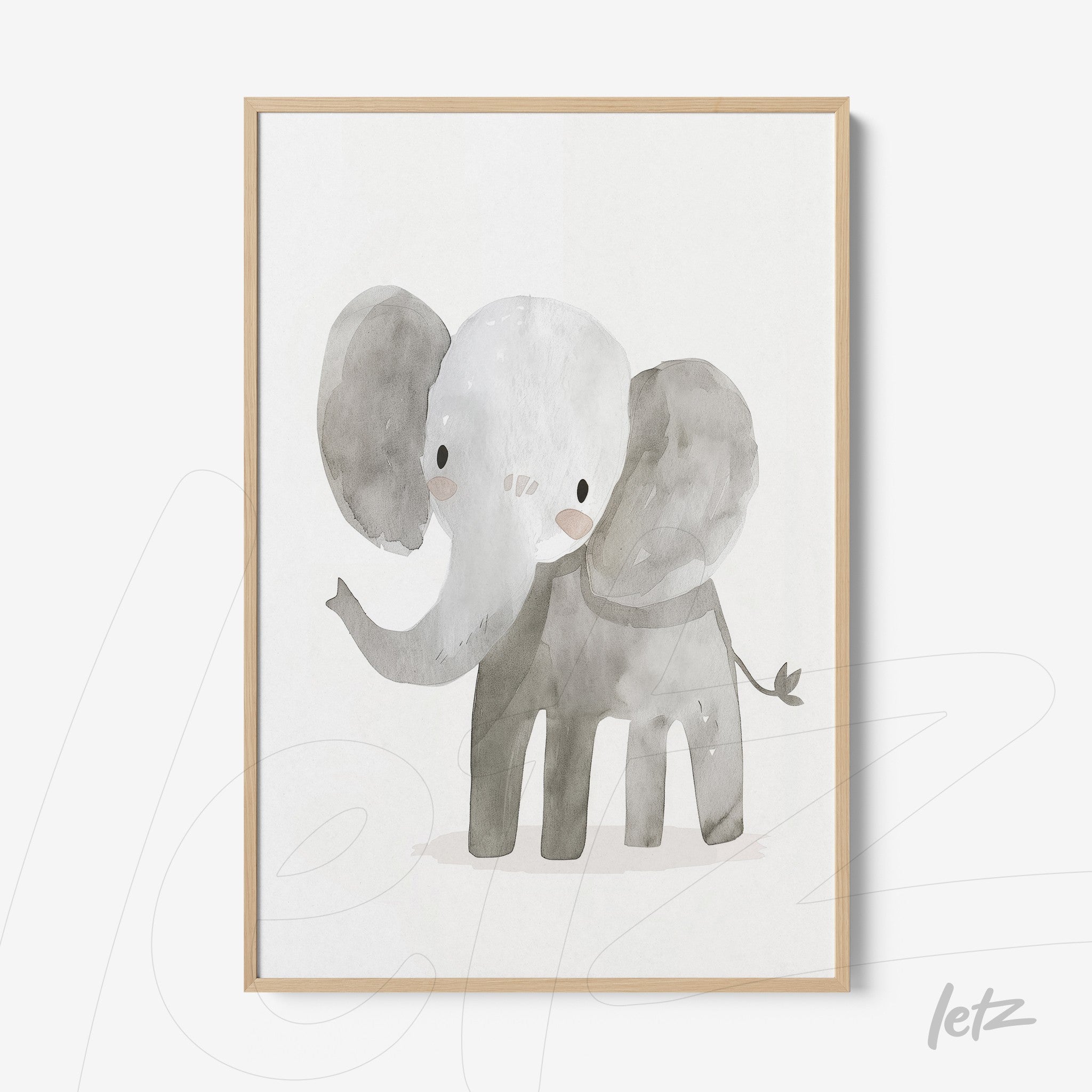 framed wall art featuring a watercolor illustration of an elephant in gray and white hues