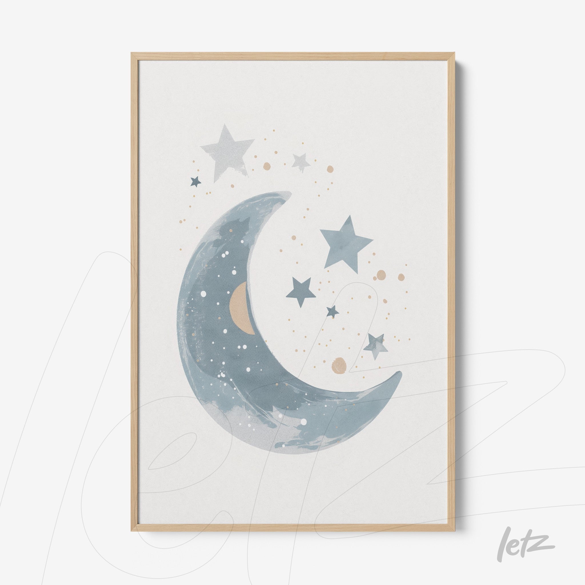 framed artwork of a moon and stars in shades of blue and gold with light frame