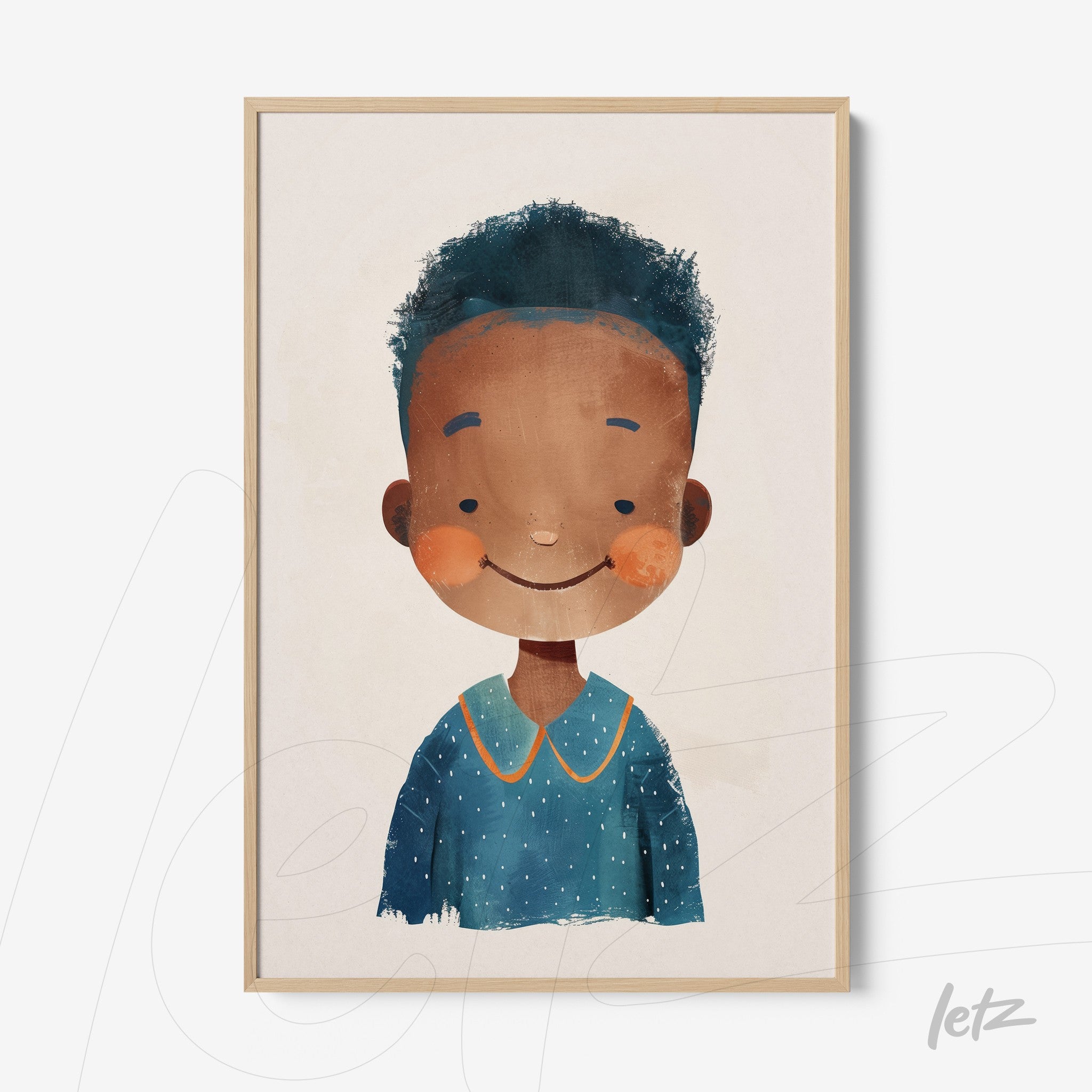 framed wall art featuring a cheerful illustration of a boy with curly hair, light frame and neutral background
