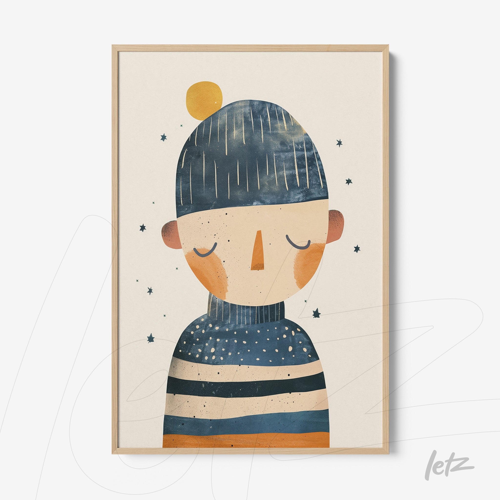 framed modern art of a human figure wearing striped clothing, with a light background and stars around