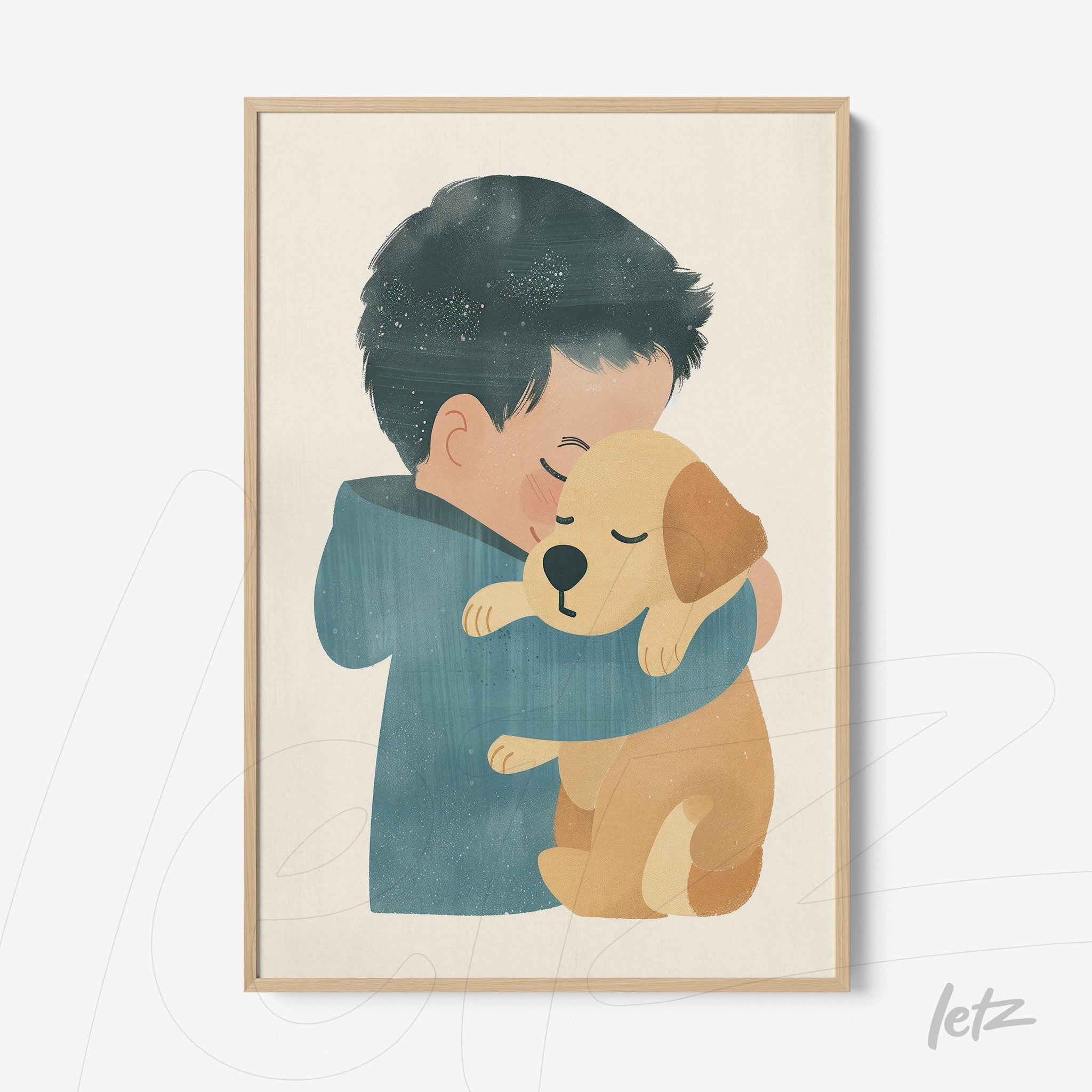 framed wall art featuring a boy hugging a dog with a light natural frame