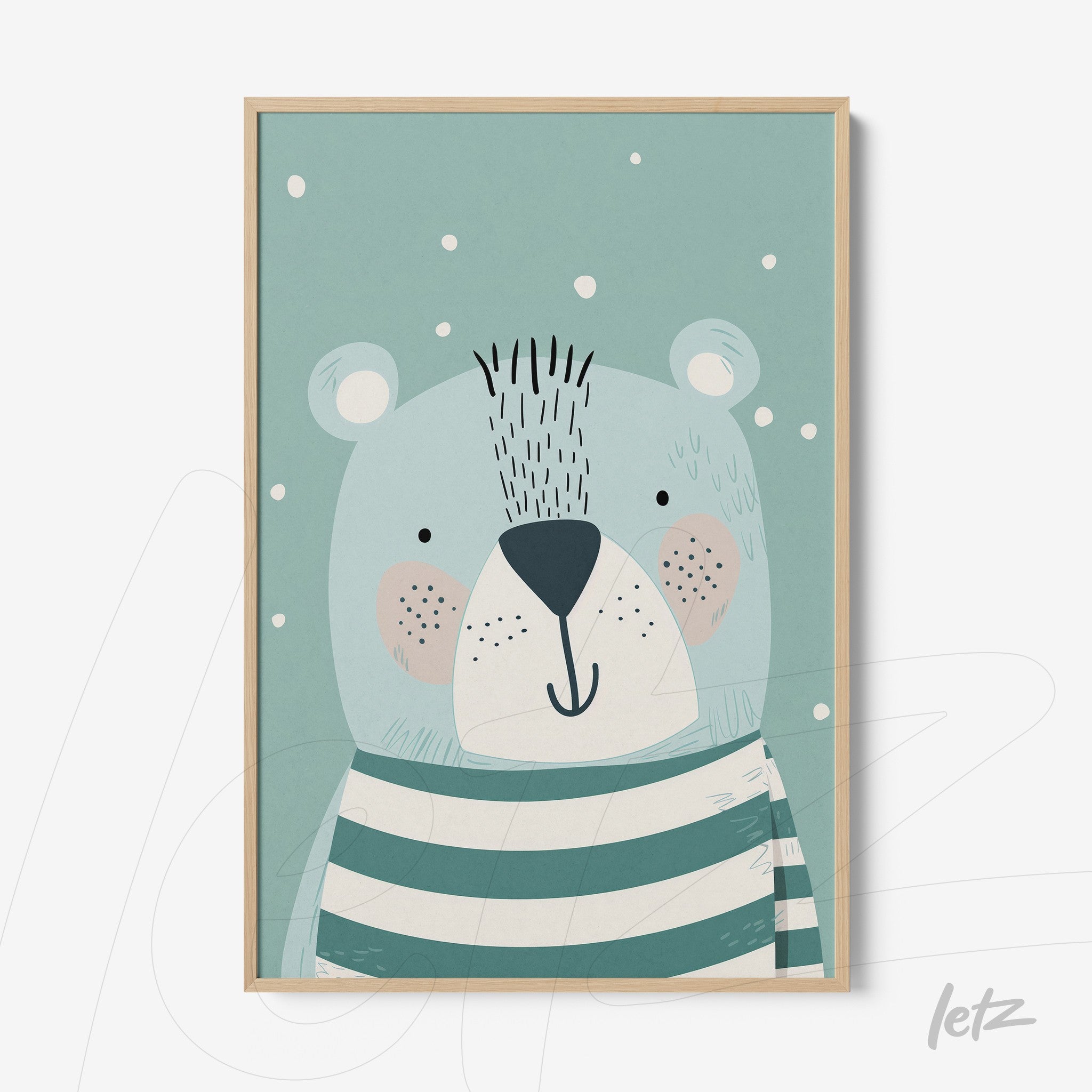 framed wall art featuring a cute bear illustration wearing a striped shirt with a light blue background