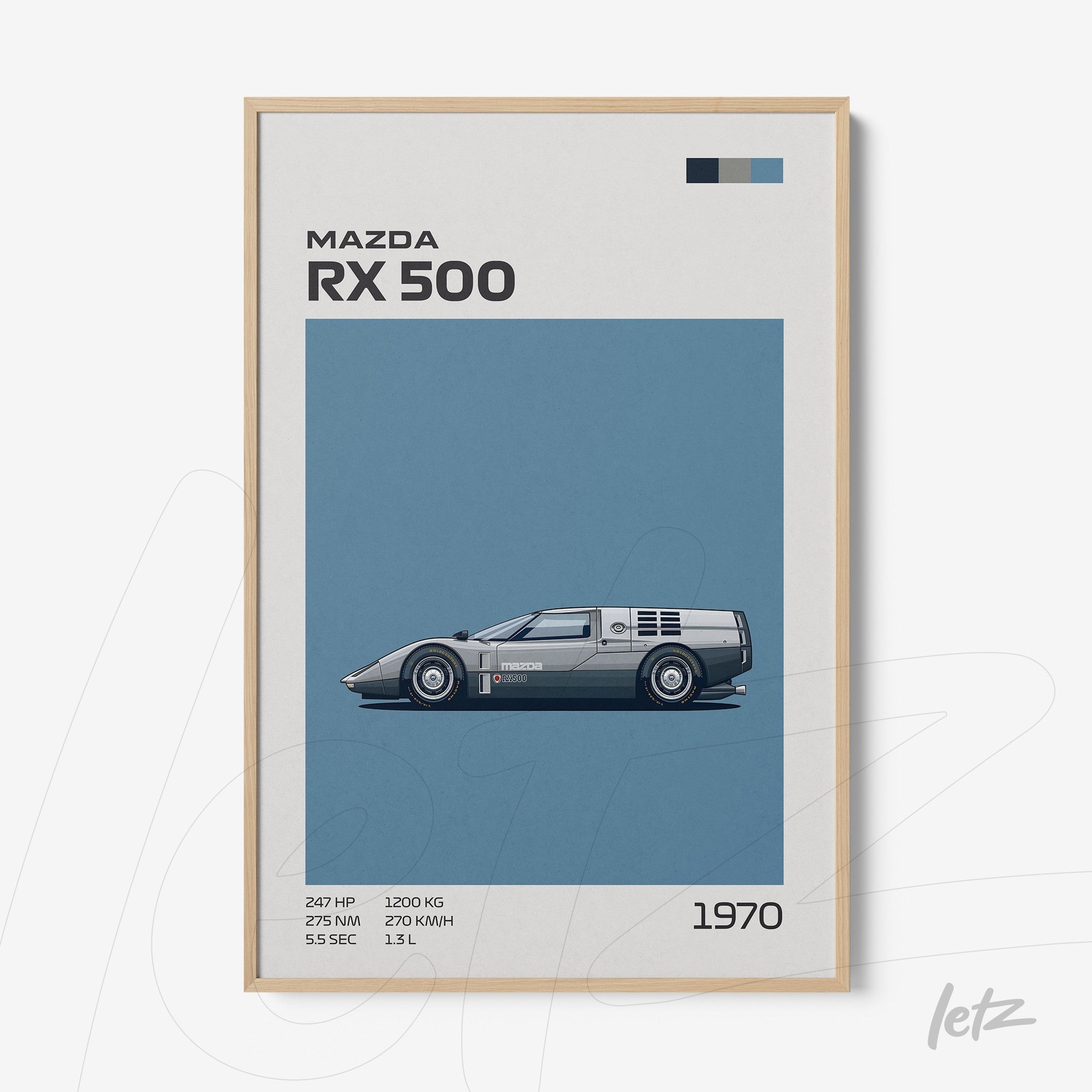 framed minimalist art of the Mazda RX 500 car with light wood frame