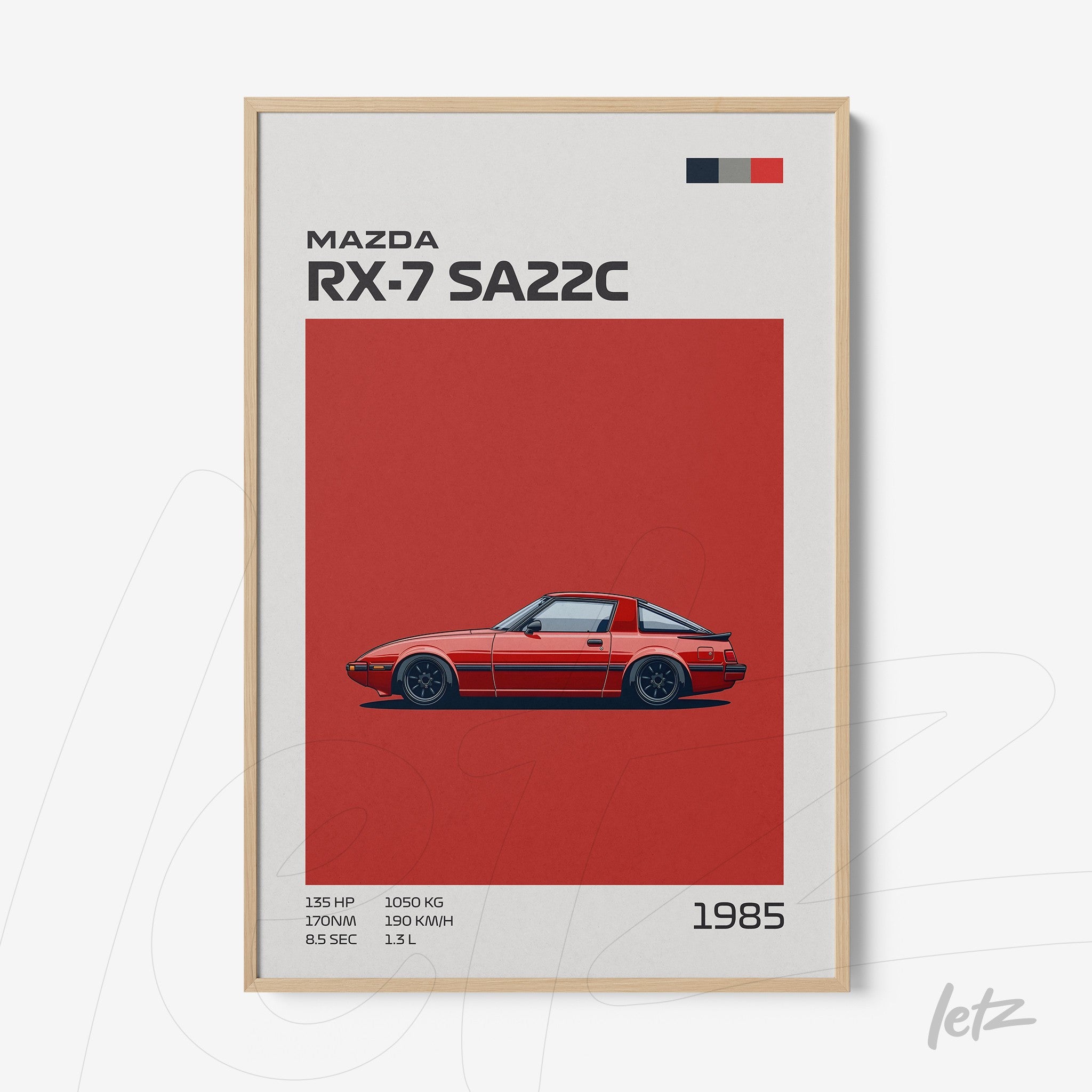 framed wall art featuring illustration of Mazda RX-7 SA22C against red background with light wood frame