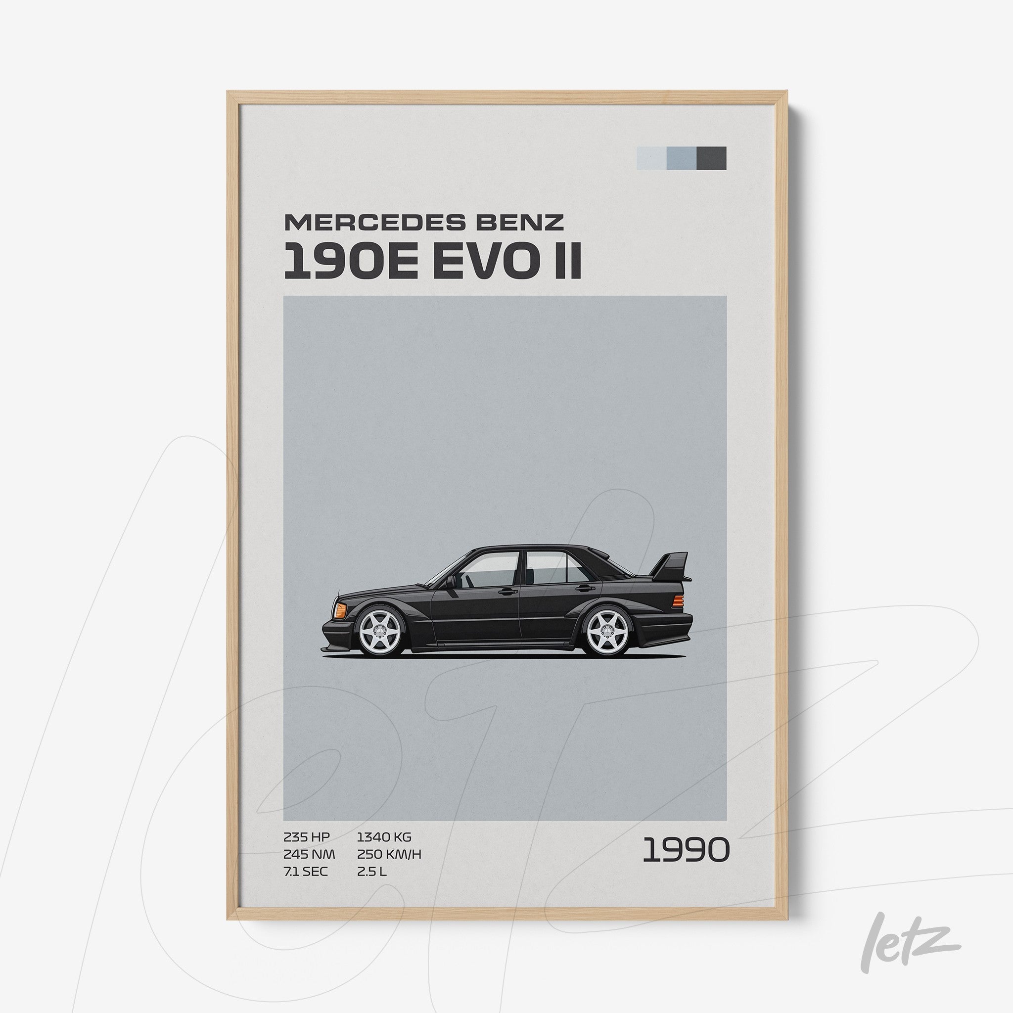 framed artwork of the Mercedes Benz 190E EVO II with a light wood frame
