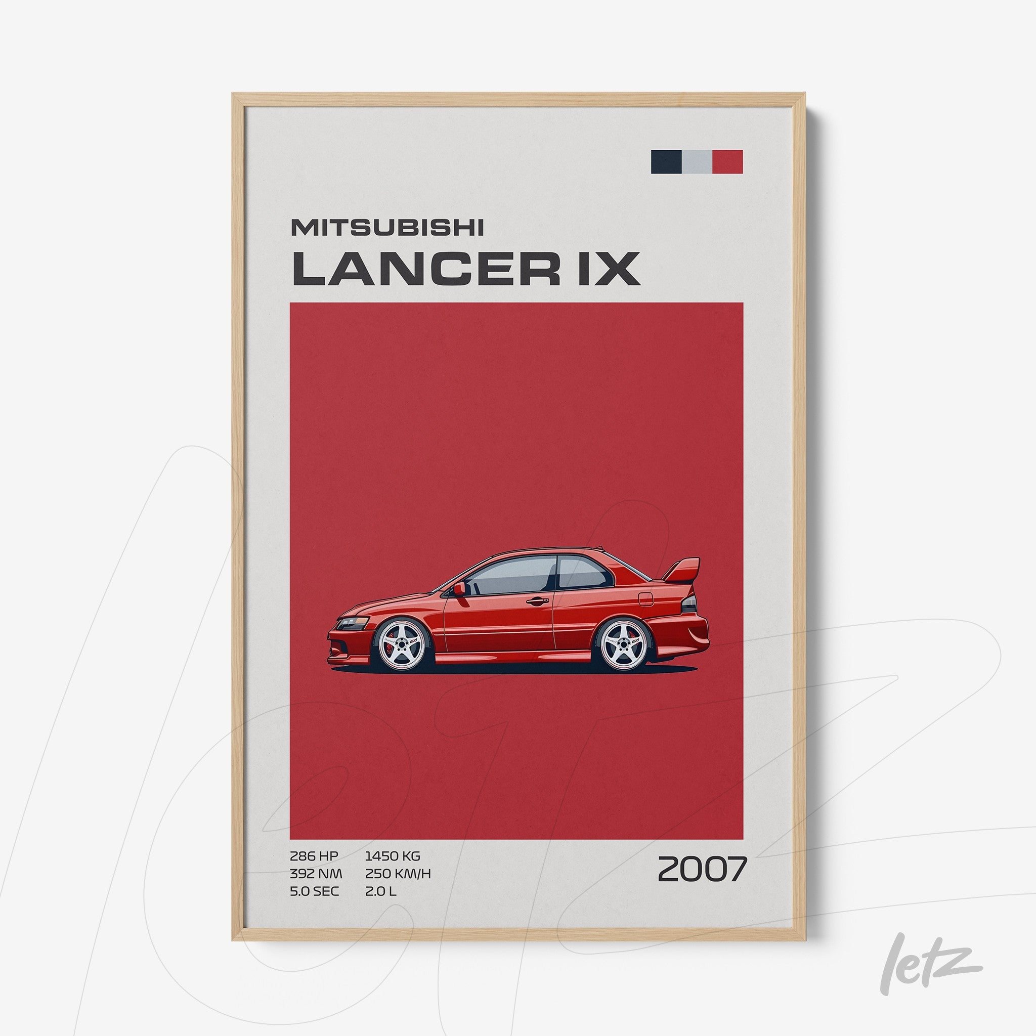 framed digital art of Mitsubishi Lancer IX on a red background with light frame
