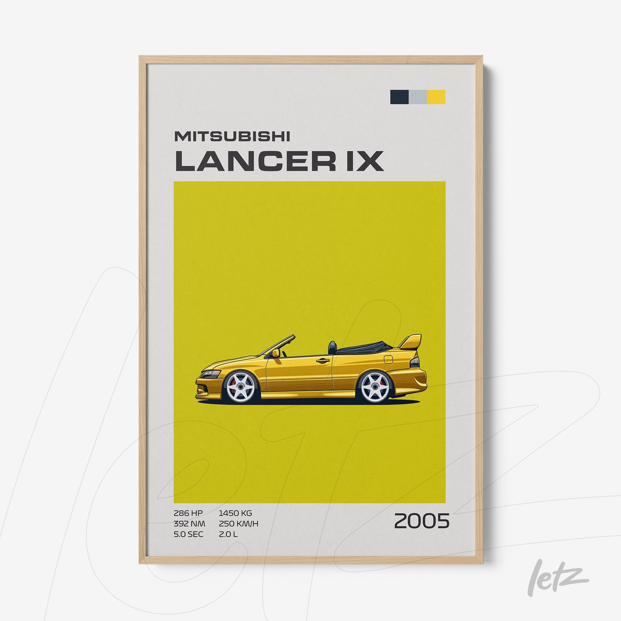 framed minimalistic art of the Mitsubishi Lancer IX in a light wood frame against a vibrant yellow background