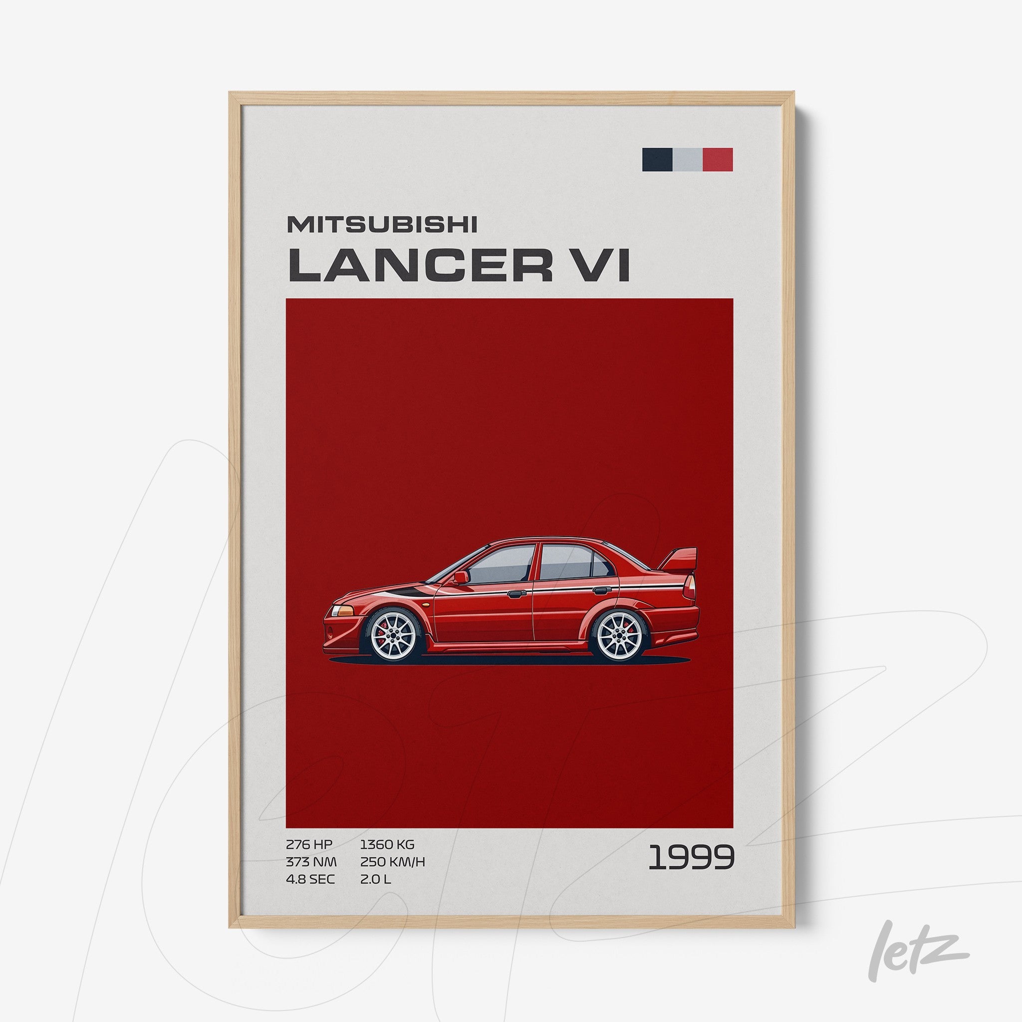 framed artwork featuring the Mitsubishi Lancer VI illustration on a red background with light-colored frame