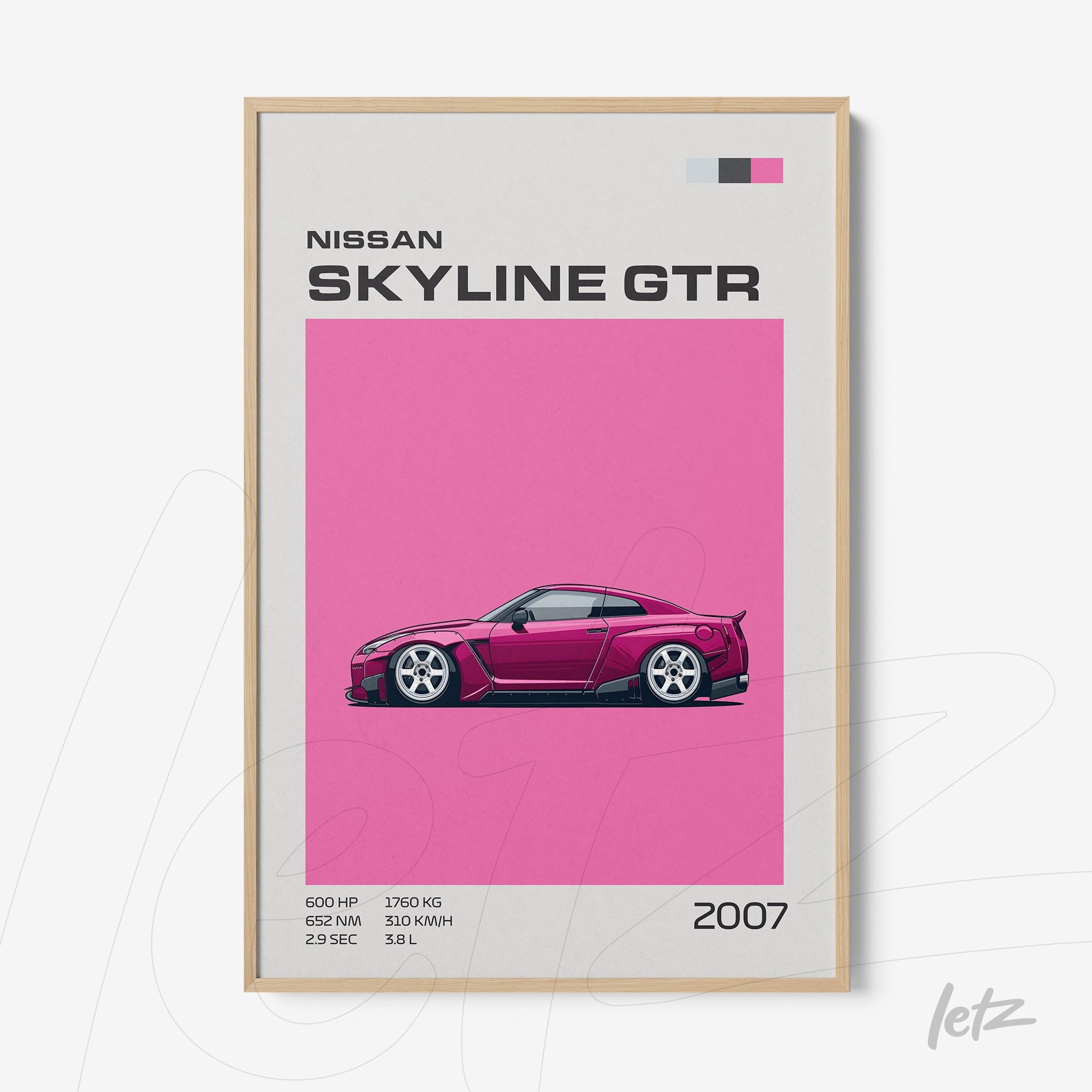 framed digital art of the Nissan Skyline GTR on pink background with light wood frame