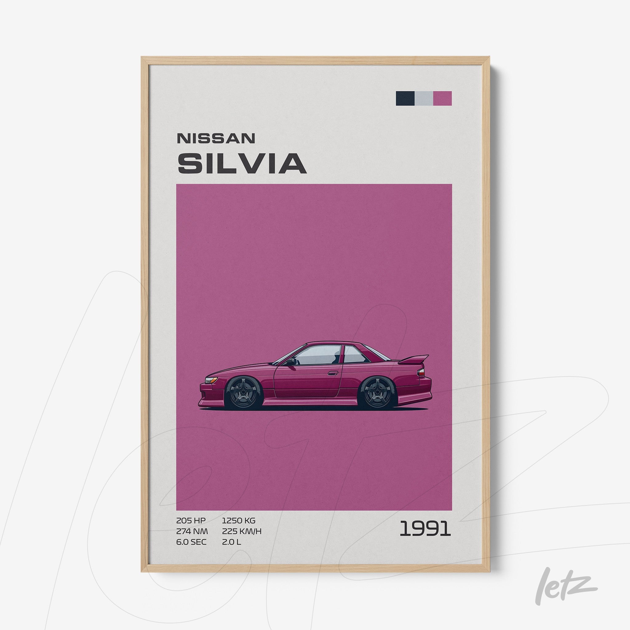 framed wall art featuring a digital illustration of a 1991 Nissan Silvia on a pink background with a light wooden frame