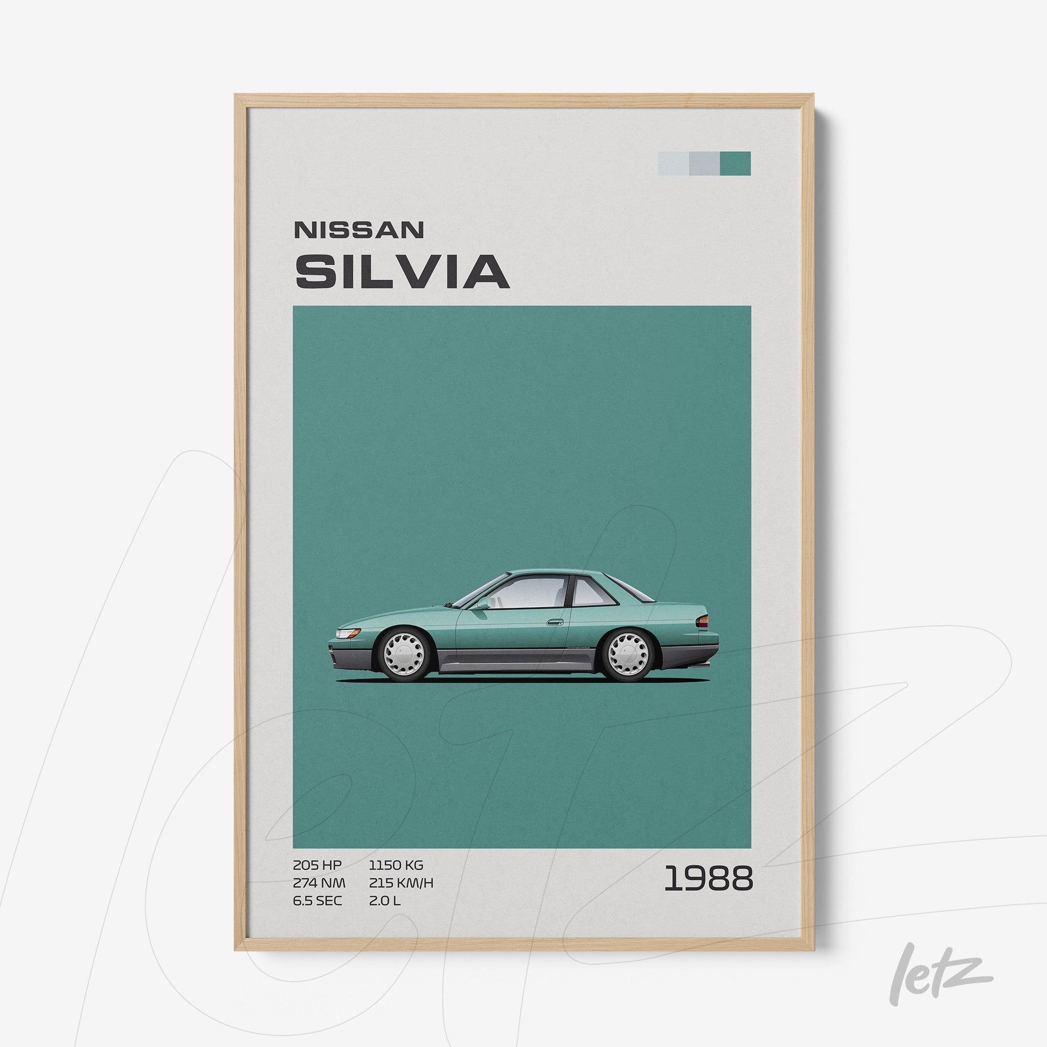 framed vintage illustration of 1988 Nissan Silvia in light wood frame