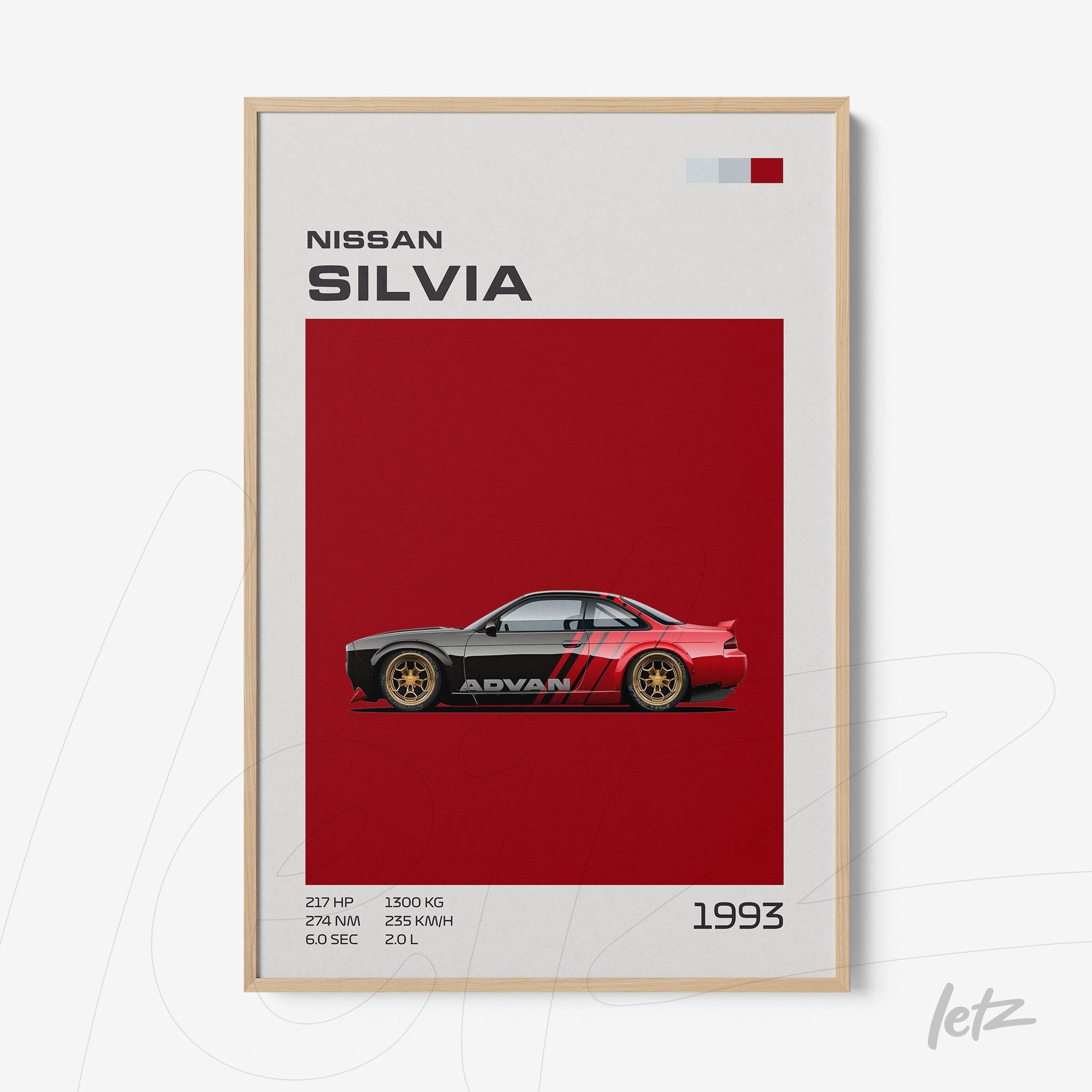 minimalist wall art featuring Nissan Silvia car in red with white accents, framed in light wood