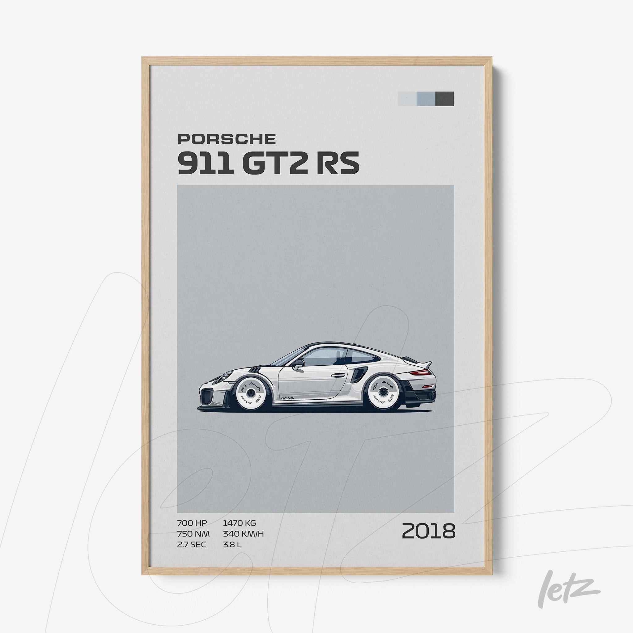 framed artwork of 2018 Porsche 911 GT2 RS in light wood frame