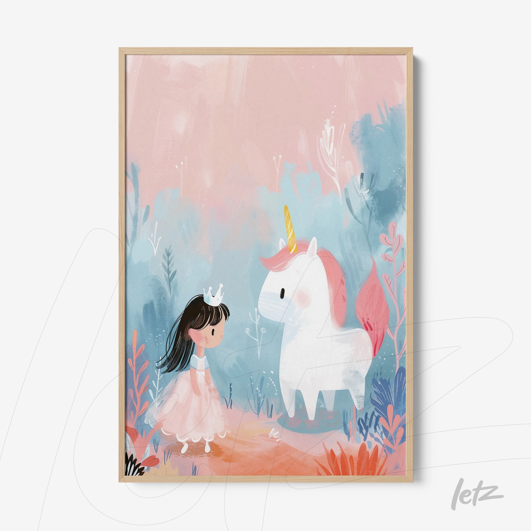 framed artwork featuring a whimsical illustration of a girl in a crown approaching a unicorn against a soft pink and blue background