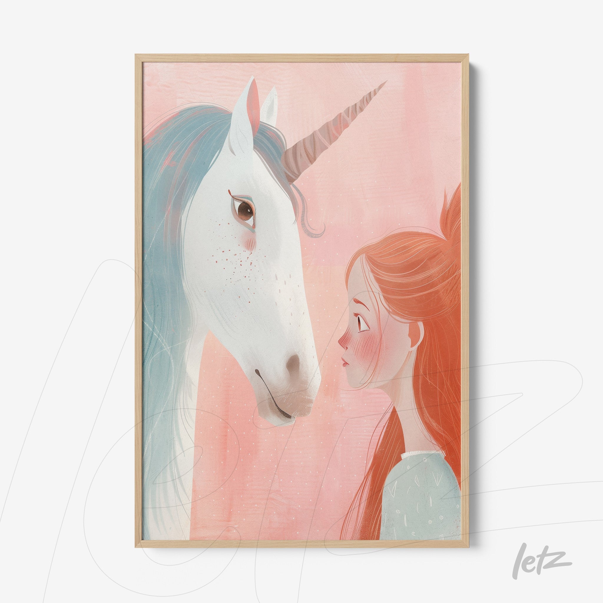 framed digital artwork of a young girl gazing at a unicorn on a soft pink background with light wood frame